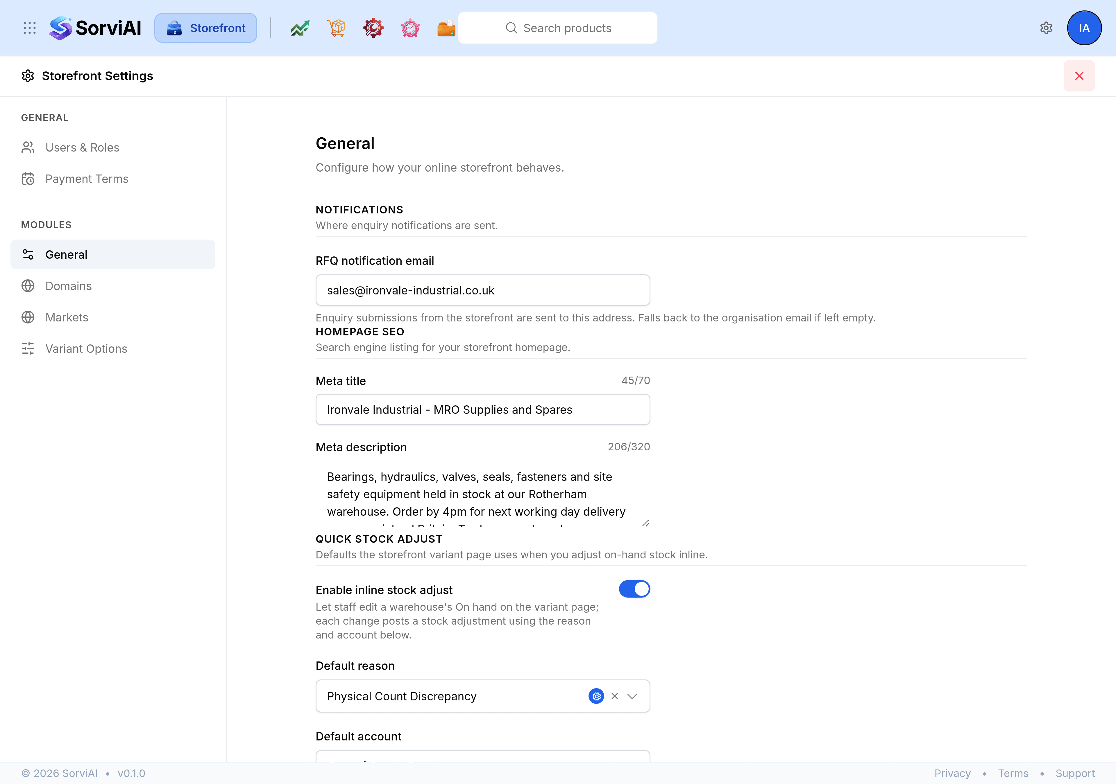 Storefront Settings open on the General screen. The rail on the left lists Users & Roles and Payment Terms under GENERAL, then General, Domains, Markets and Variant Options under MODULES.