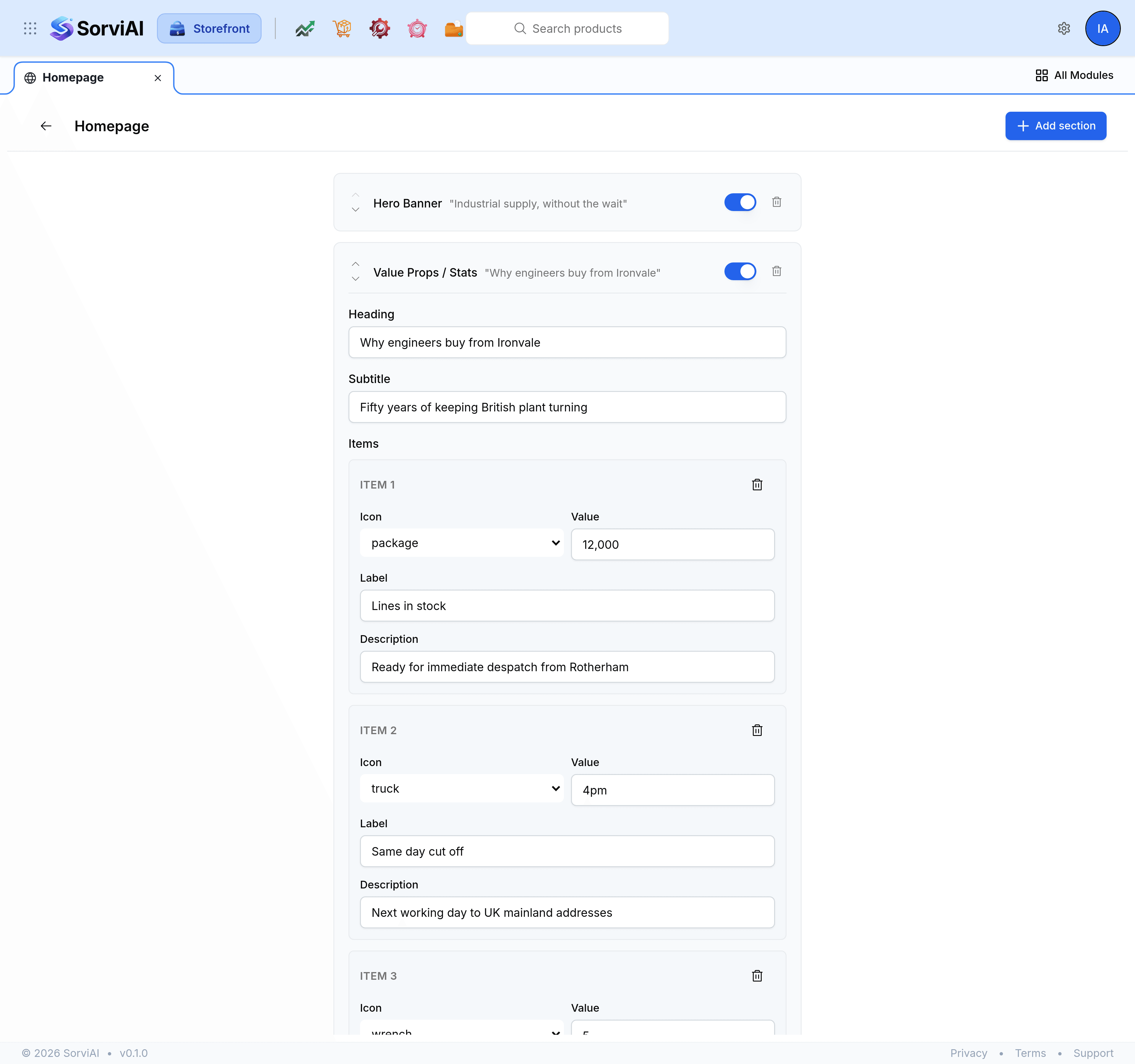 A Value Props / Stats section expanded in the homepage editor, showing its Heading and Subtitle fields and a list of Items, each with an Icon, a Value, a Label and a Description.