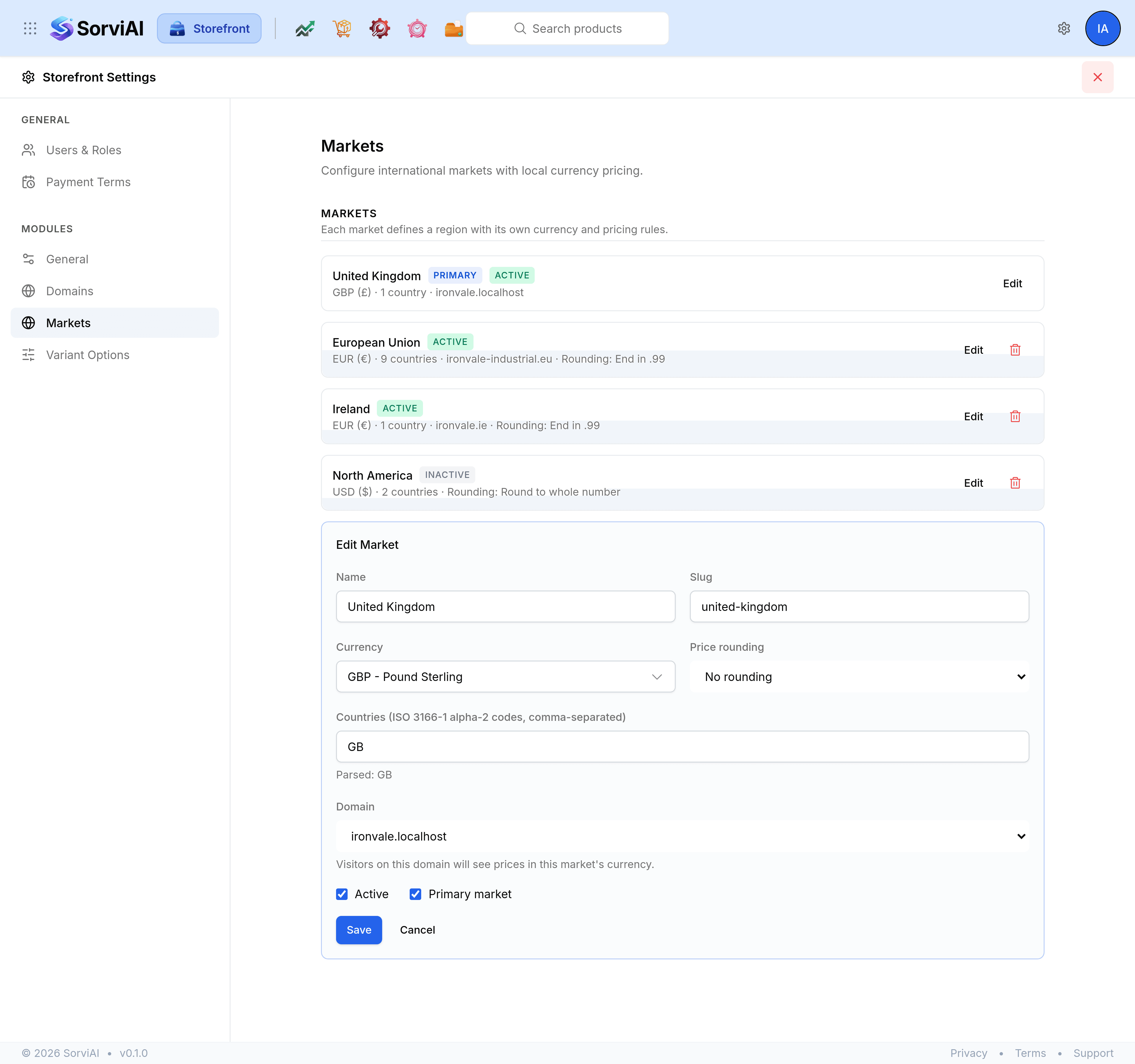 A market open for editing, with Name, Slug, Currency, Price rounding, a Countries box taking two-letter codes, and a Domain list for choosing the hostname this market serves.