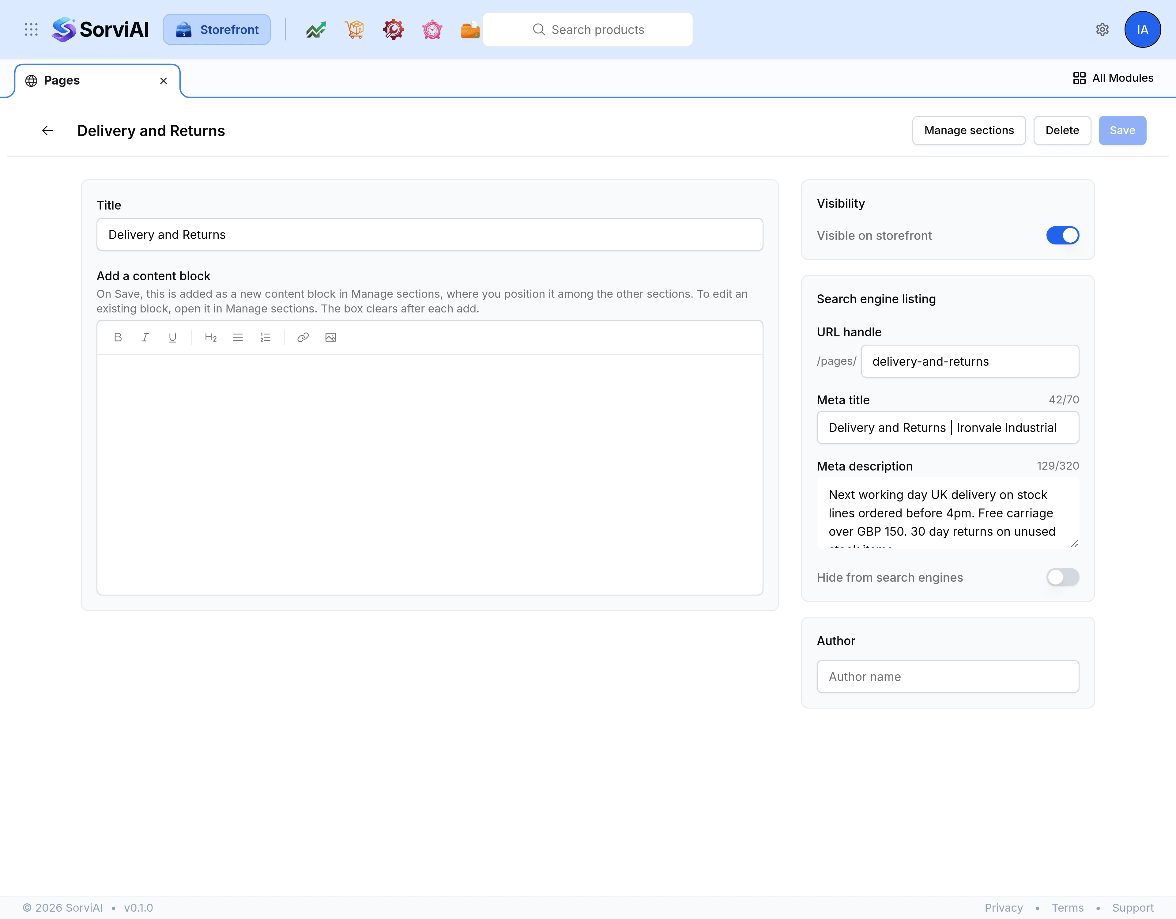 A content page open in its editor, with Title, URL handle, an Add a content block box, and cards down the right for Visibility, Author and Search engine listing. Manage sections sits at the top of the page.