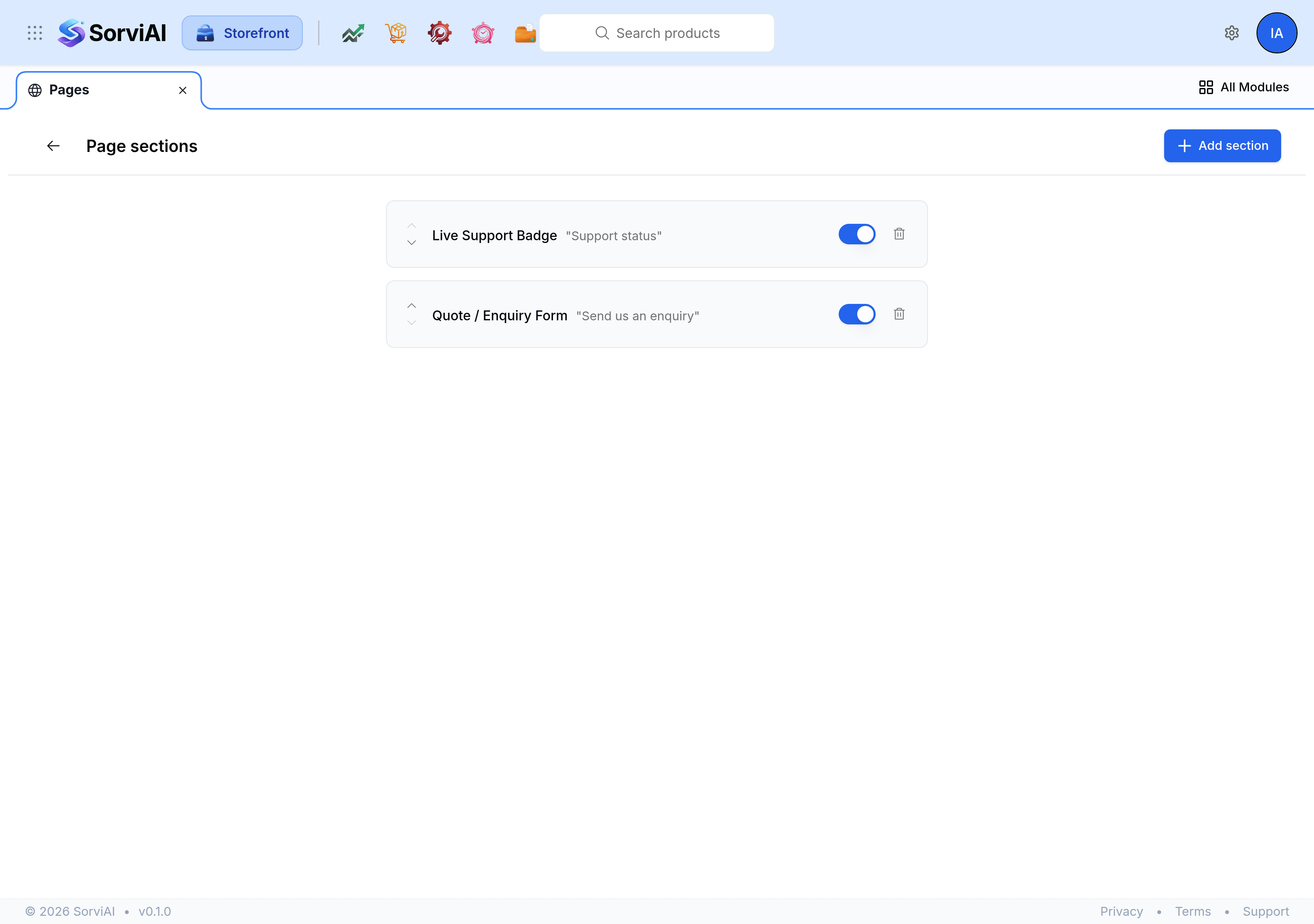 The Page sections editor for a content page, listing the sections it is built from with a switch and a delete control on each, and an Add section button at the top right.