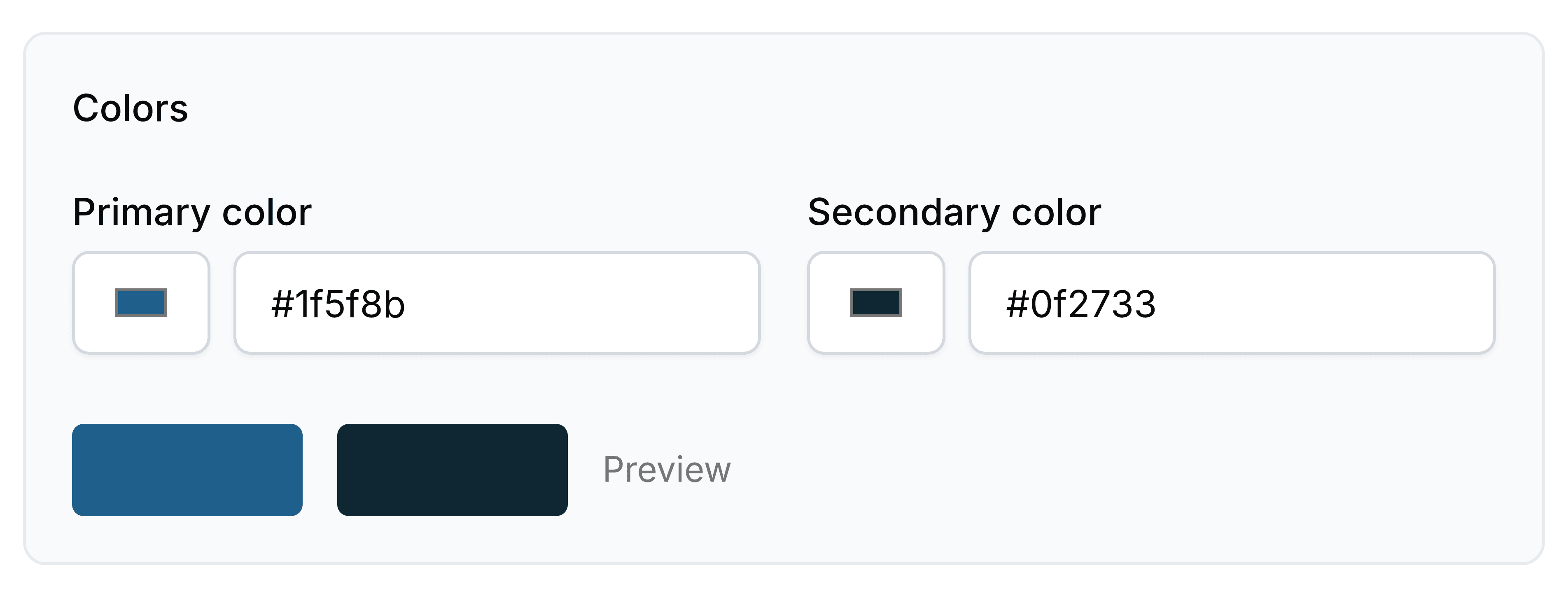 The Colors card on the Theme screen. Primary color and Secondary color each show a colour swatch beside a hex value, with two filled rectangles underneath labelled Preview.