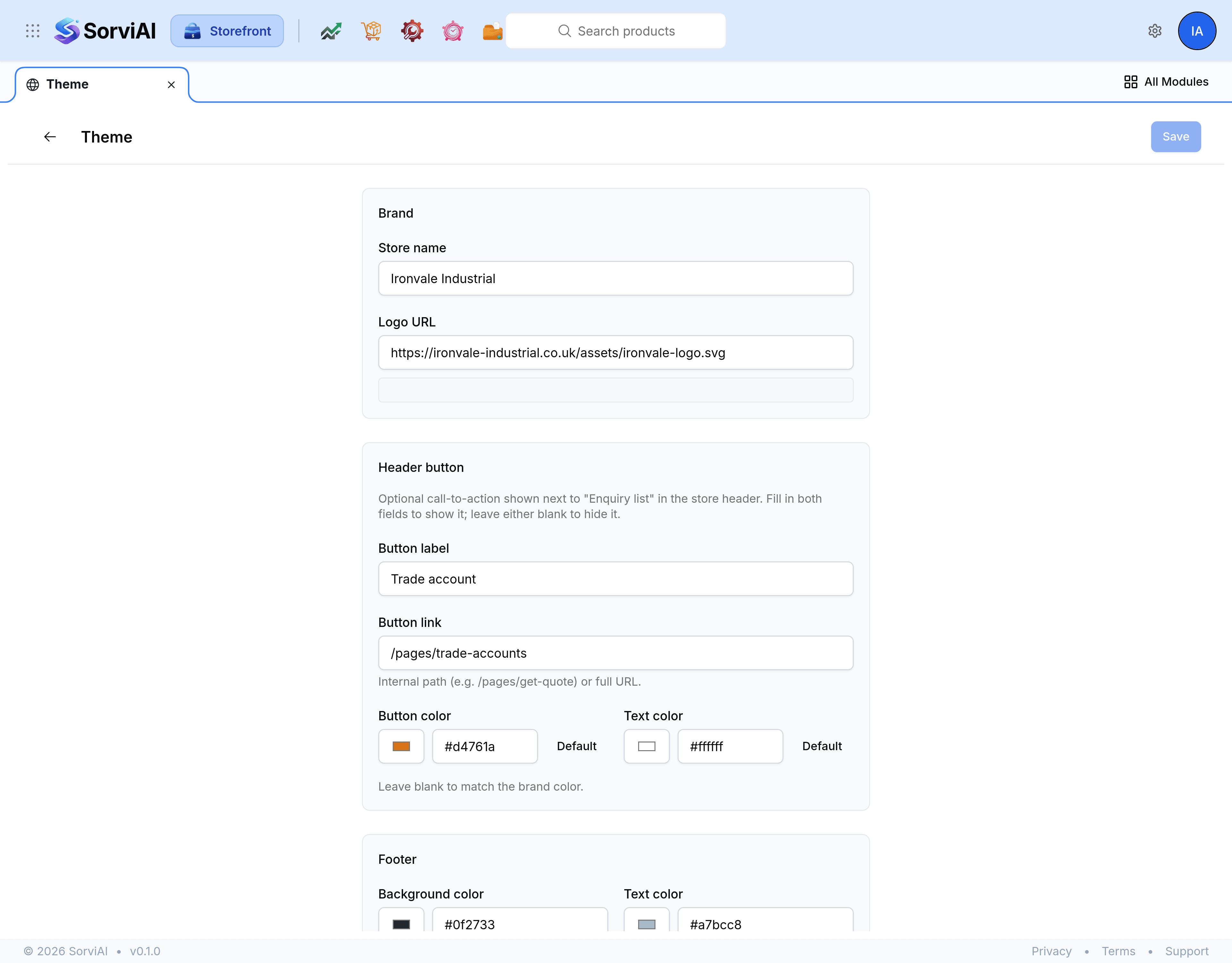 The Theme screen, showing its groups stacked down the middle of the page in order: Brand with a store name and logo address, Header button with a label, link and two colours, Footer with its two colours and a preview strip, and Colors with a primary and secondary swatch.