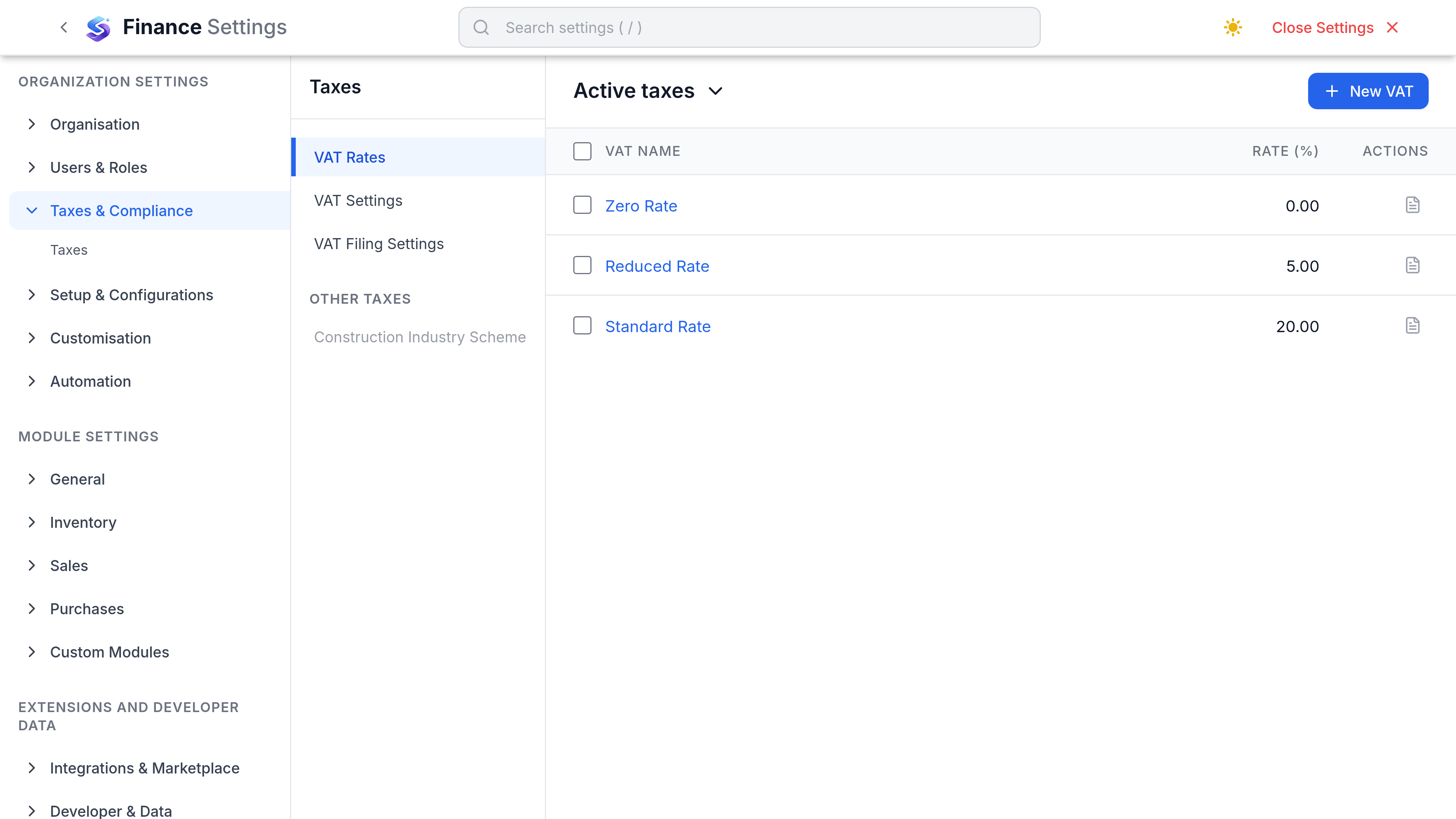 The Tax Rates tab of Finance Settings, listing Zero Rate at 0%, Reduced Rate at 5% and Standard Rate at 20%, each Active, with an Add Tax button above them.