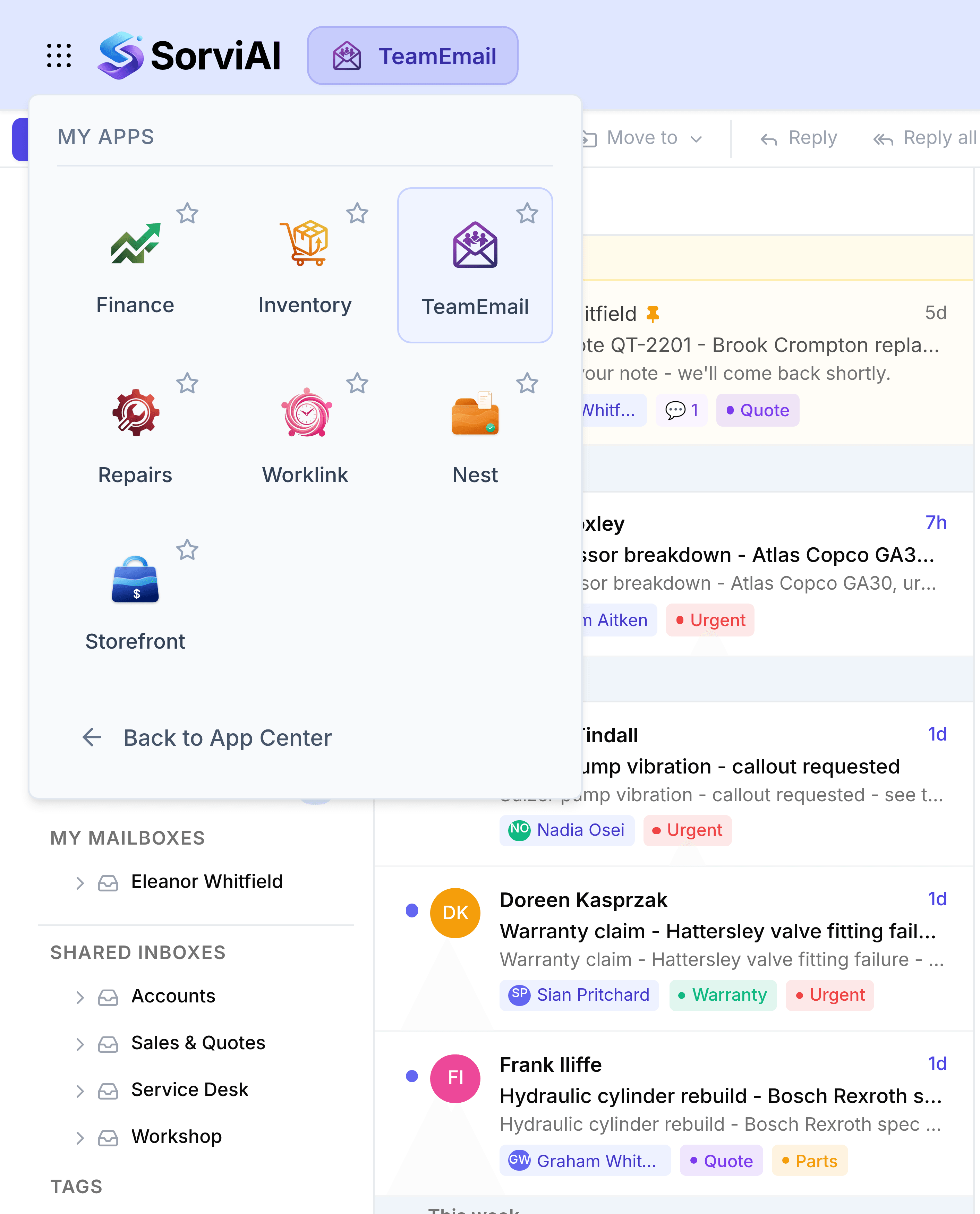 The app switcher open over TeamEmail, headed My Apps, showing the apps this account can reach as starred tiles: Finance, Inventory, TeamEmail highlighted as the current app, Repairs, Worklink, Nest and Storefront, above a Back to App Center link.