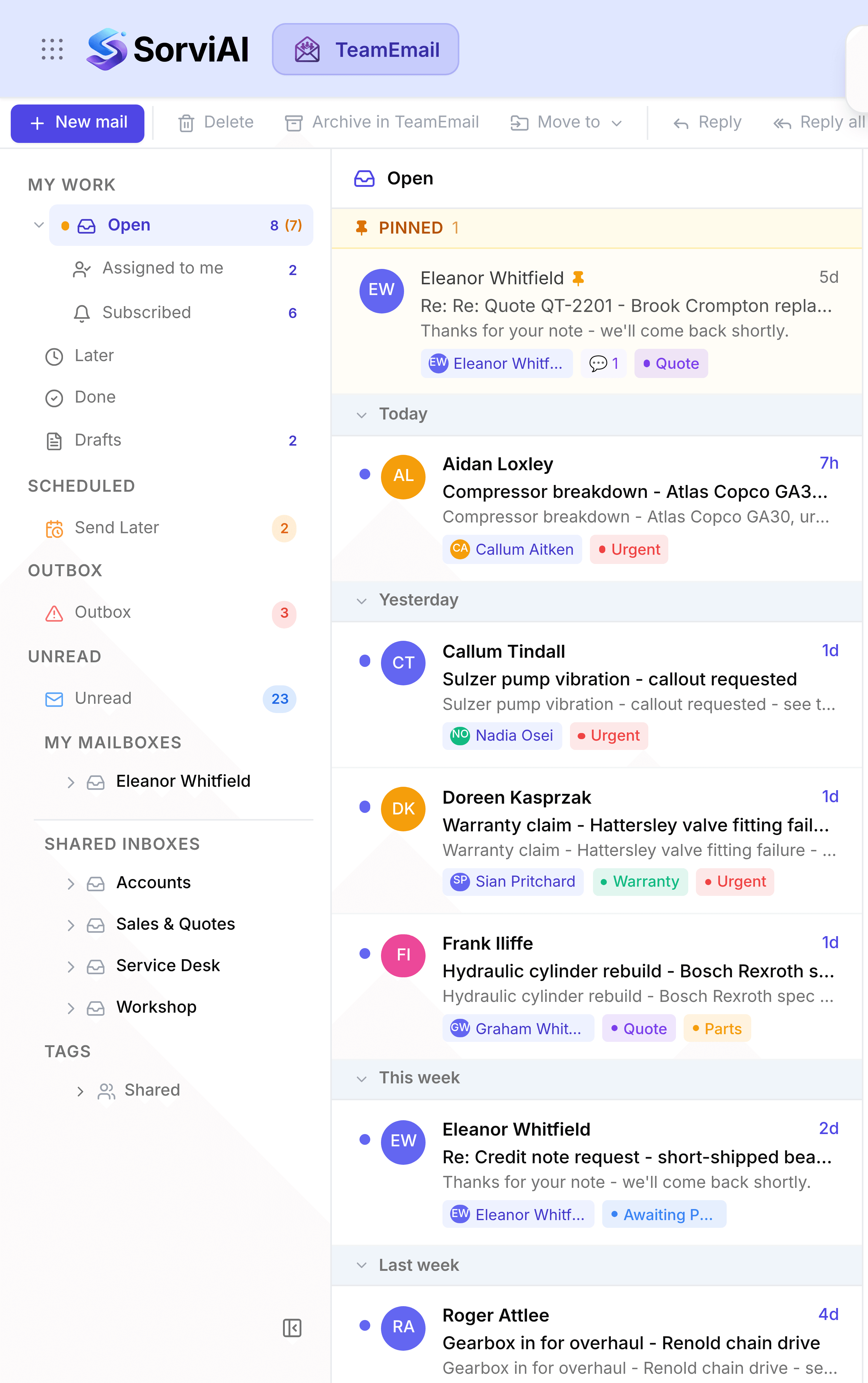 The TeamEmail sidebar. The upper half holds views: My Work with Open, Assigned to me, Subscribed, Later, Done and Drafts; then Scheduled with Send Later; then Outbox; then Unread. The lower half holds mailboxes: My Mailboxes with Eleanor Whitfield, then Shared Inboxes listing Accounts, Sales and Quotes, Service Desk and Workshop, then Tags. The message list sits to the right of it.