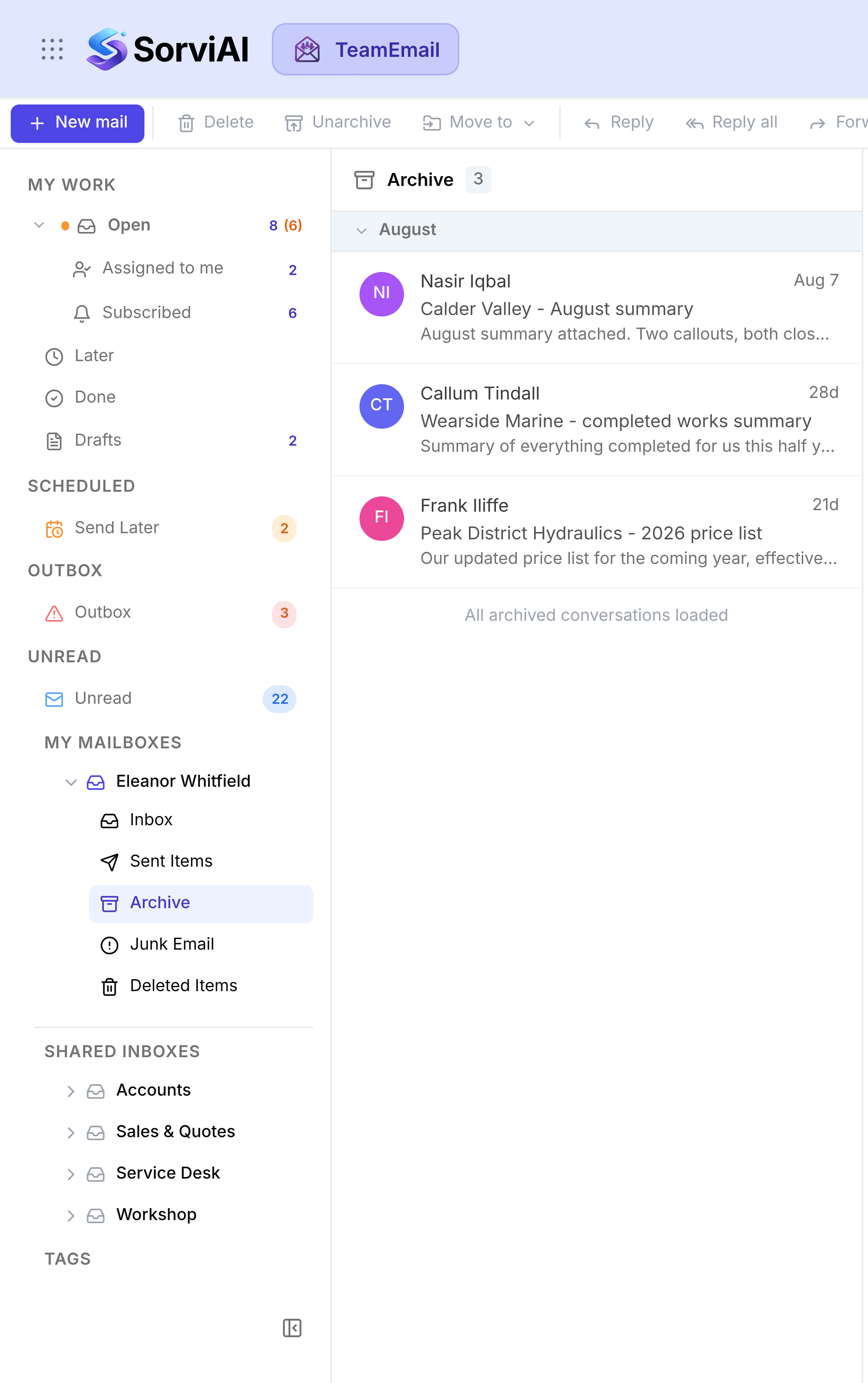 Eleanor Whitfield's mailbox expanded under My Mailboxes in the TeamEmail sidebar with Archive selected, listing archived conversations including a Calder Valley August summary from Nasir Iqbal and a completed works summary from Callum Tindall of Wearside Marine.