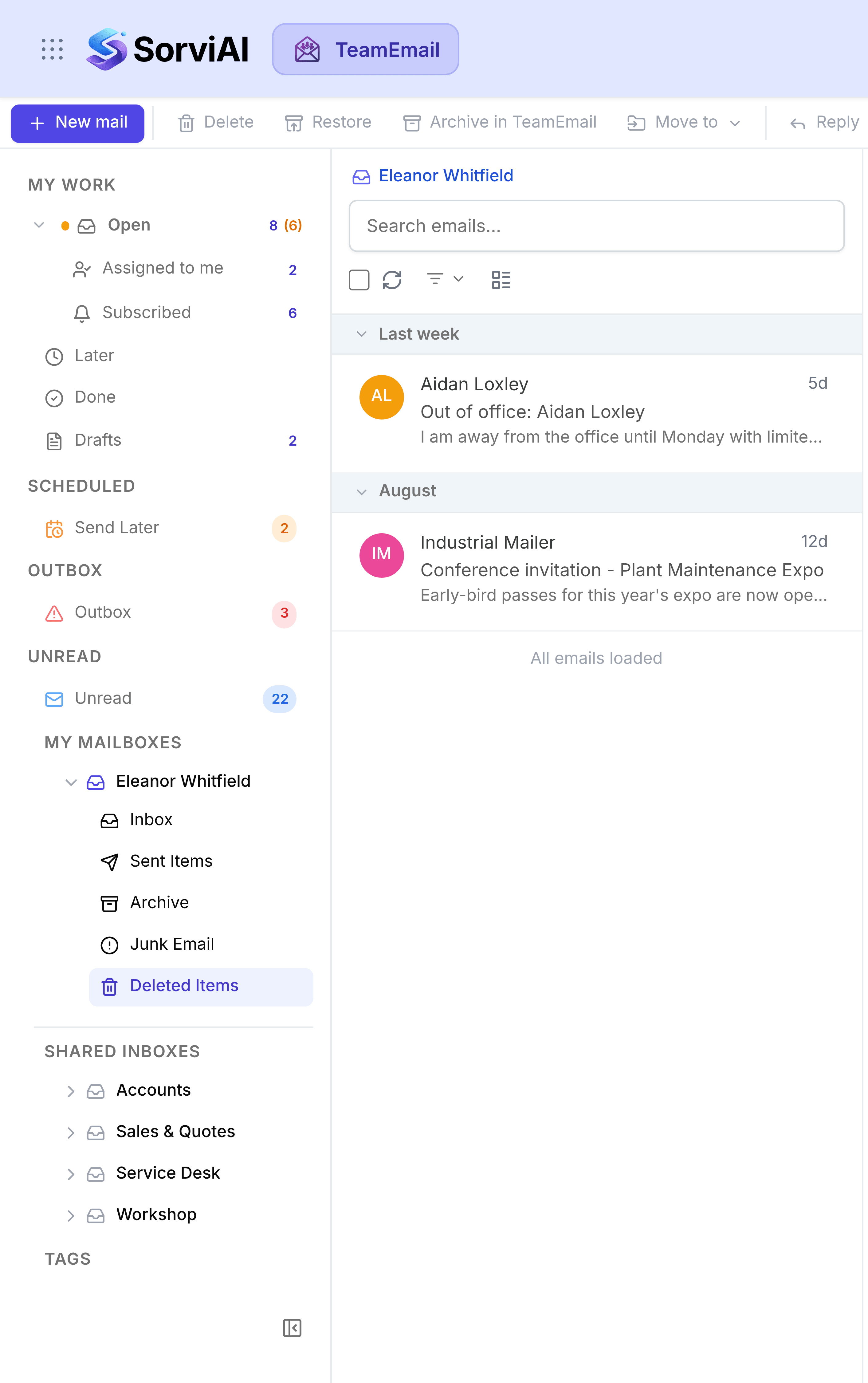 Eleanor Whitfield's mailbox with Deleted Items selected at the foot of the folder list, listing an out-of-office reply from Aidan Loxley and a conference invitation.