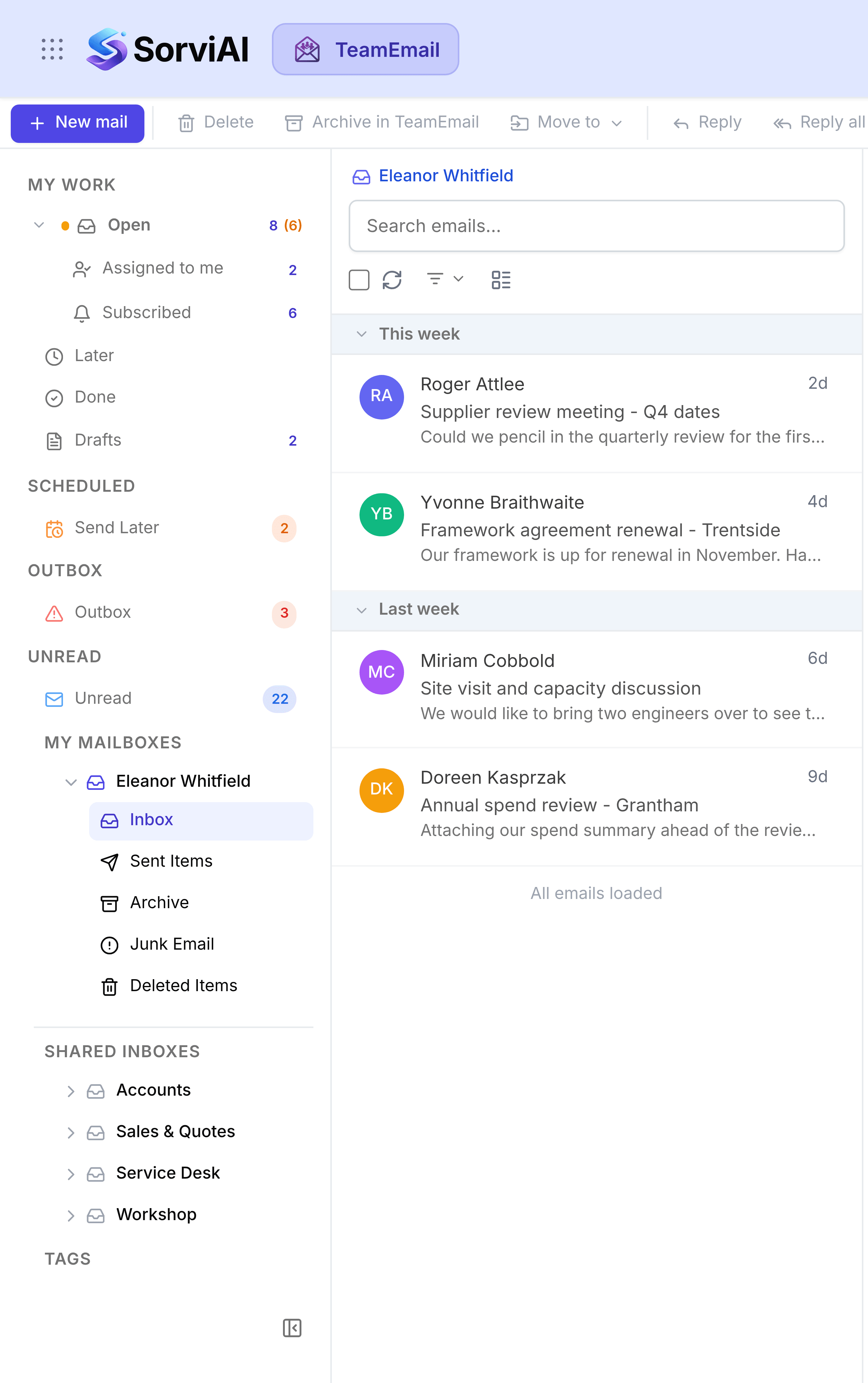 The My Mailboxes section of the TeamEmail sidebar with Eleanor Whitfield's mailbox expanded and its Inbox selected, showing the five folders it contains: Inbox, Sent Items, Archive, Junk Email and Deleted Items.
