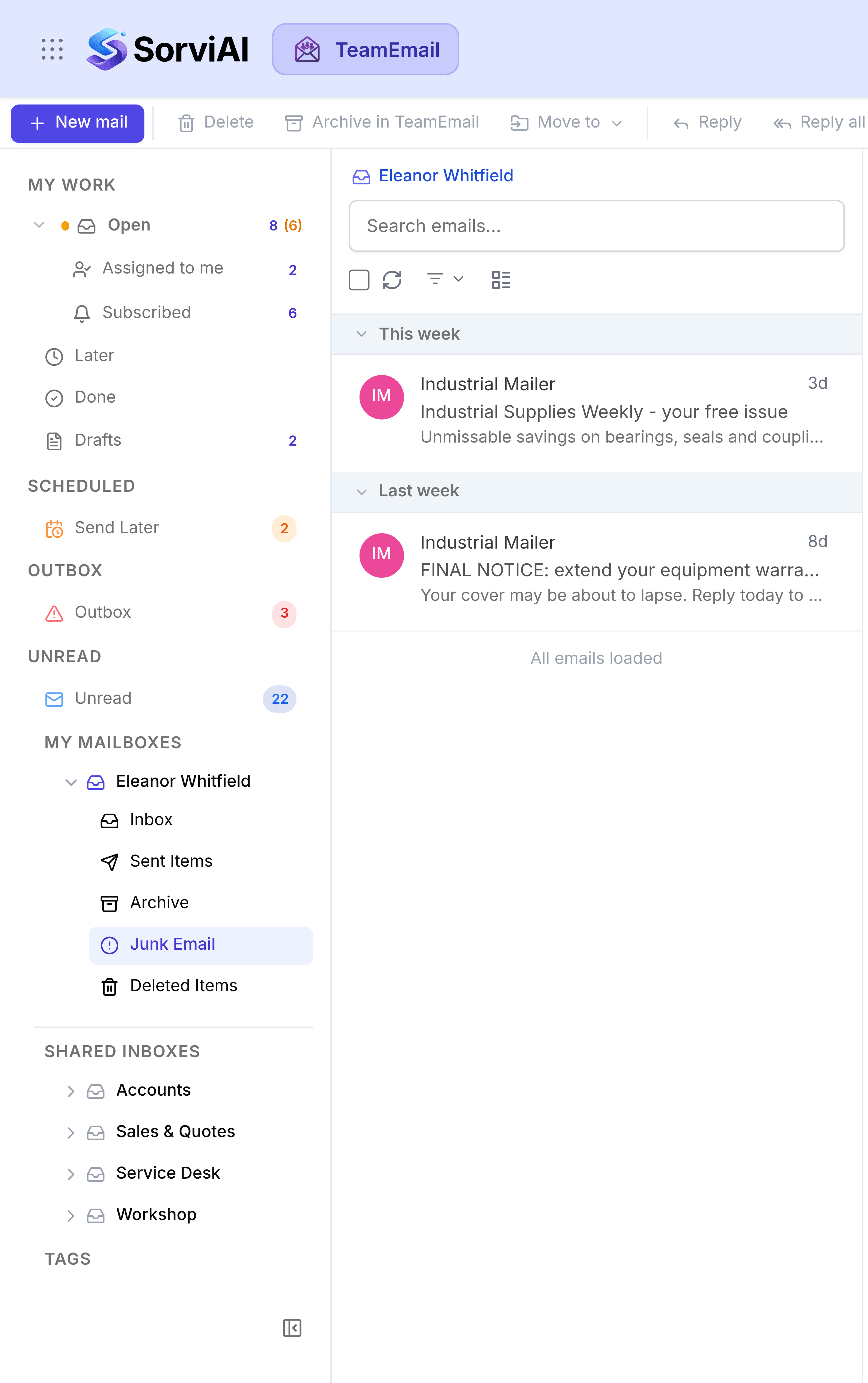 Eleanor Whitfield's mailbox with Junk Email selected, listing two flagged messages from an Industrial Mailer sender: a free-issue trade newsletter and a warranty renewal final notice.