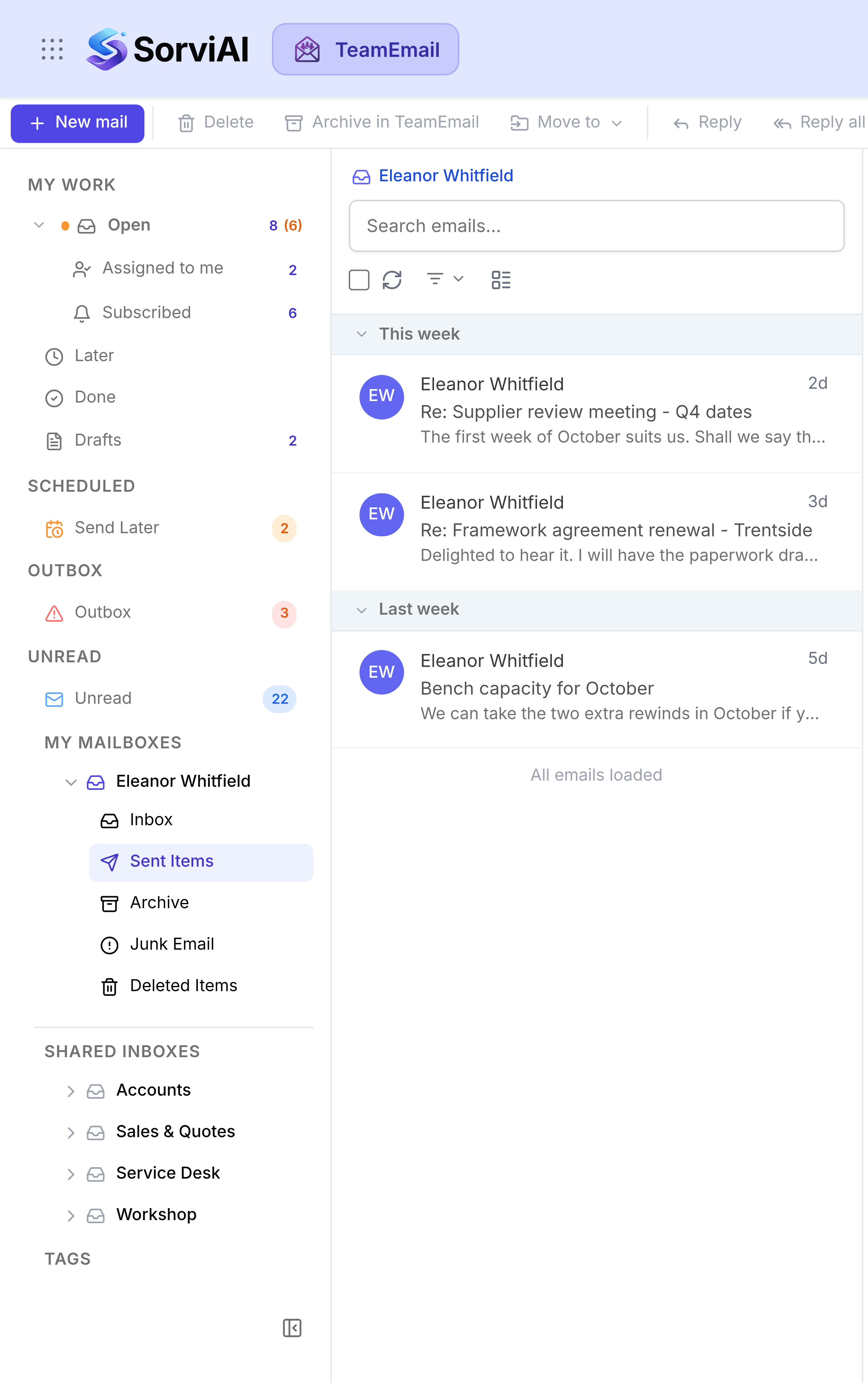 Eleanor Whitfield's mailbox with Sent Items selected, listing her own replies: one about Q4 supplier review dates, one confirming a framework renewal, and one about bench capacity for October.