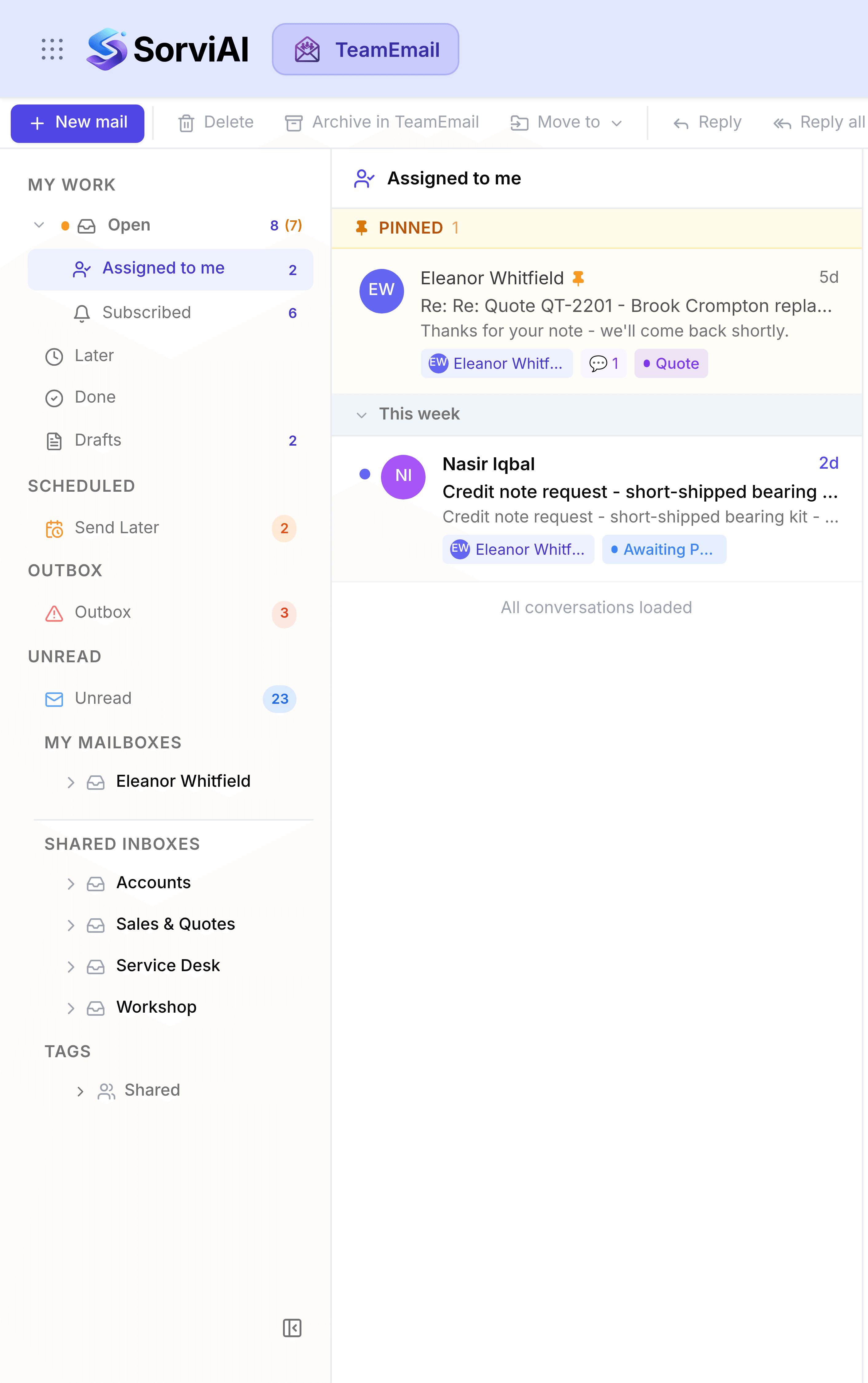 TeamEmail with Assigned to me selected under Open, highlighted in the left sidebar. The list holds two conversations: a pinned reply from Eleanor Whitfield tagged Quote, and a thread from Nasir Iqbal about a short-shipped bearing kit tagged Awaiting Payment. A line under the list reads All conversations loaded.