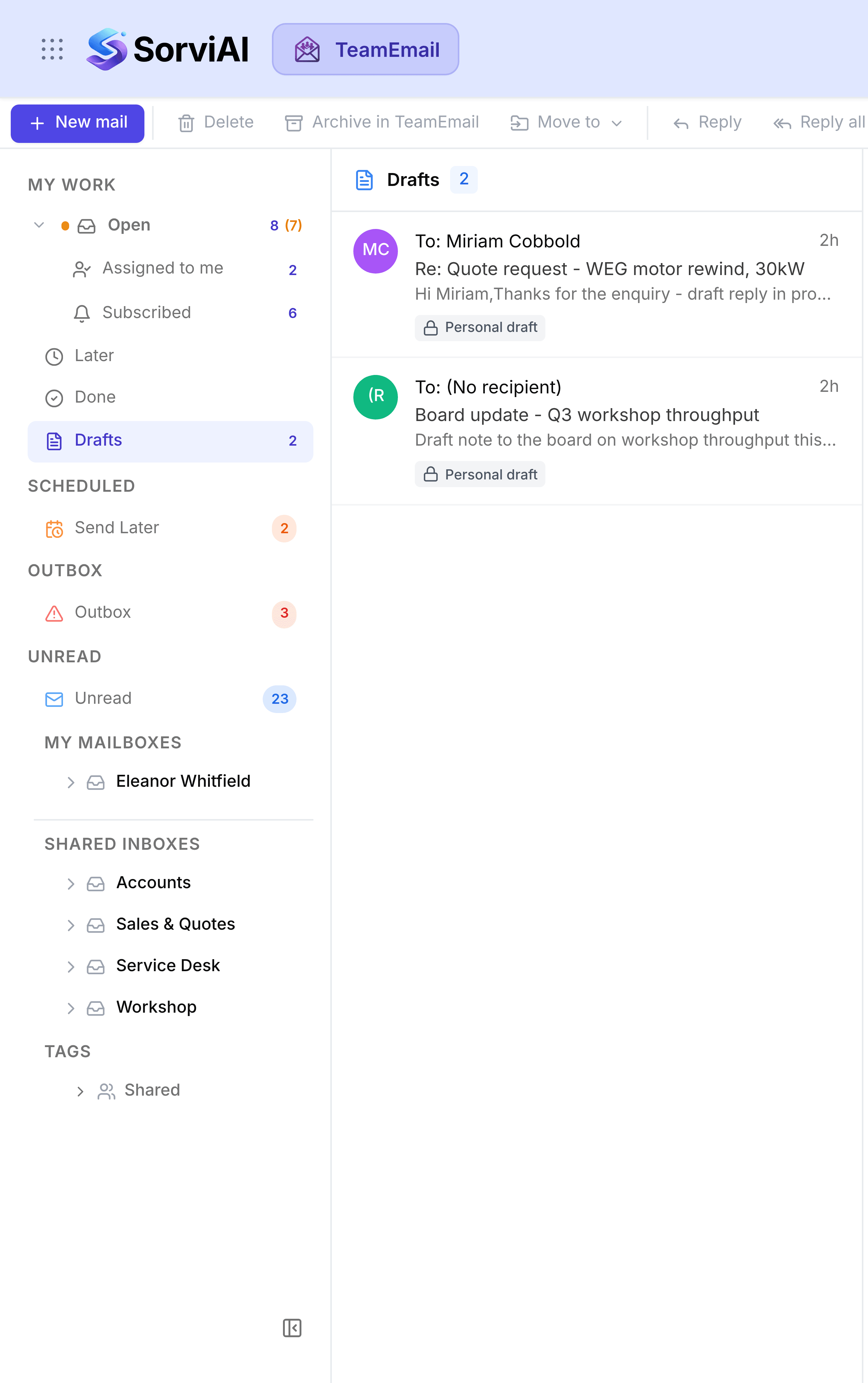 TeamEmail with Drafts selected under My Work, highlighted in the left sidebar. Two unsent drafts are listed: a reply to Miriam Cobbold about a 30kW motor rewind quote, and an untitled board update on Q3 workshop throughput with no recipient set, each marked Personal draft.