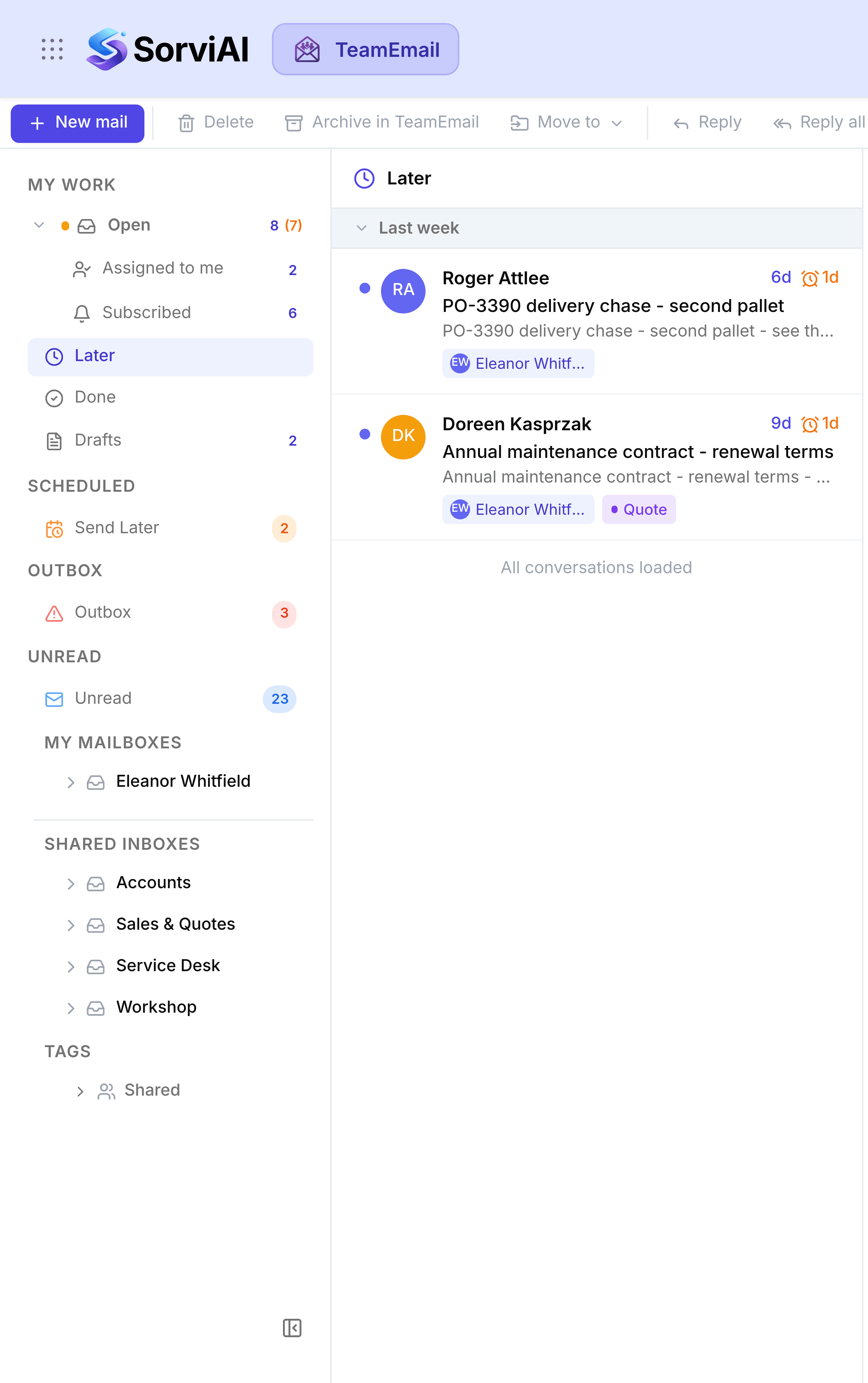 TeamEmail with Later selected under My Work, highlighted in the left sidebar. Two snoozed conversations sit under a Last week heading, a PO-3390 delivery chase from Roger Attlee and an annual maintenance contract renewal from Doreen Kasprzak, each row carrying a small alarm-clock icon showing when it returns.