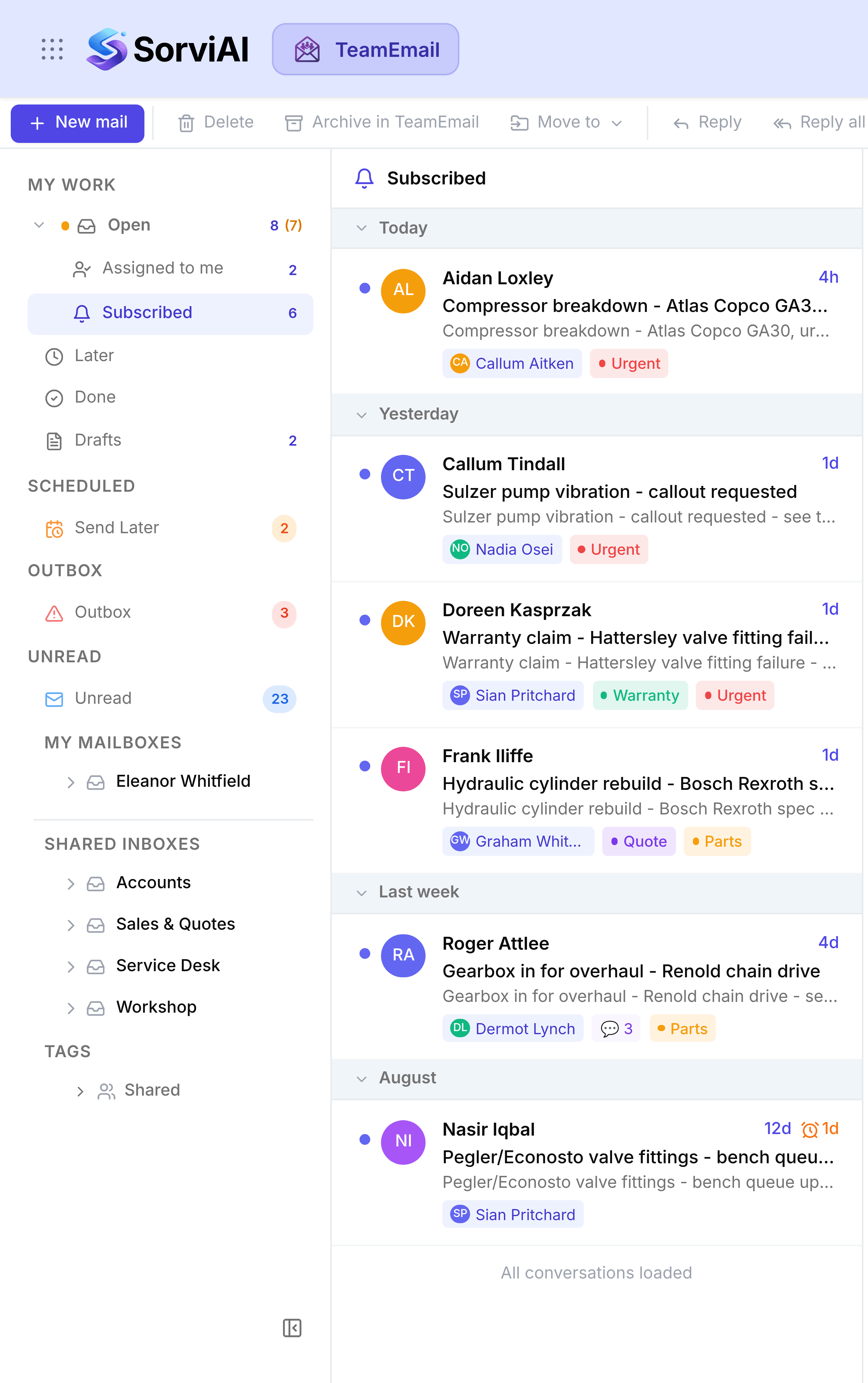 TeamEmail with Subscribed selected under Open, highlighted in the left sidebar. Six conversations are listed under headings for Today, Yesterday, Last week and August, each carrying a sender avatar, a subject and coloured tags such as Urgent, Warranty and Parts; one row from Roger Attlee shows a comment count of three.