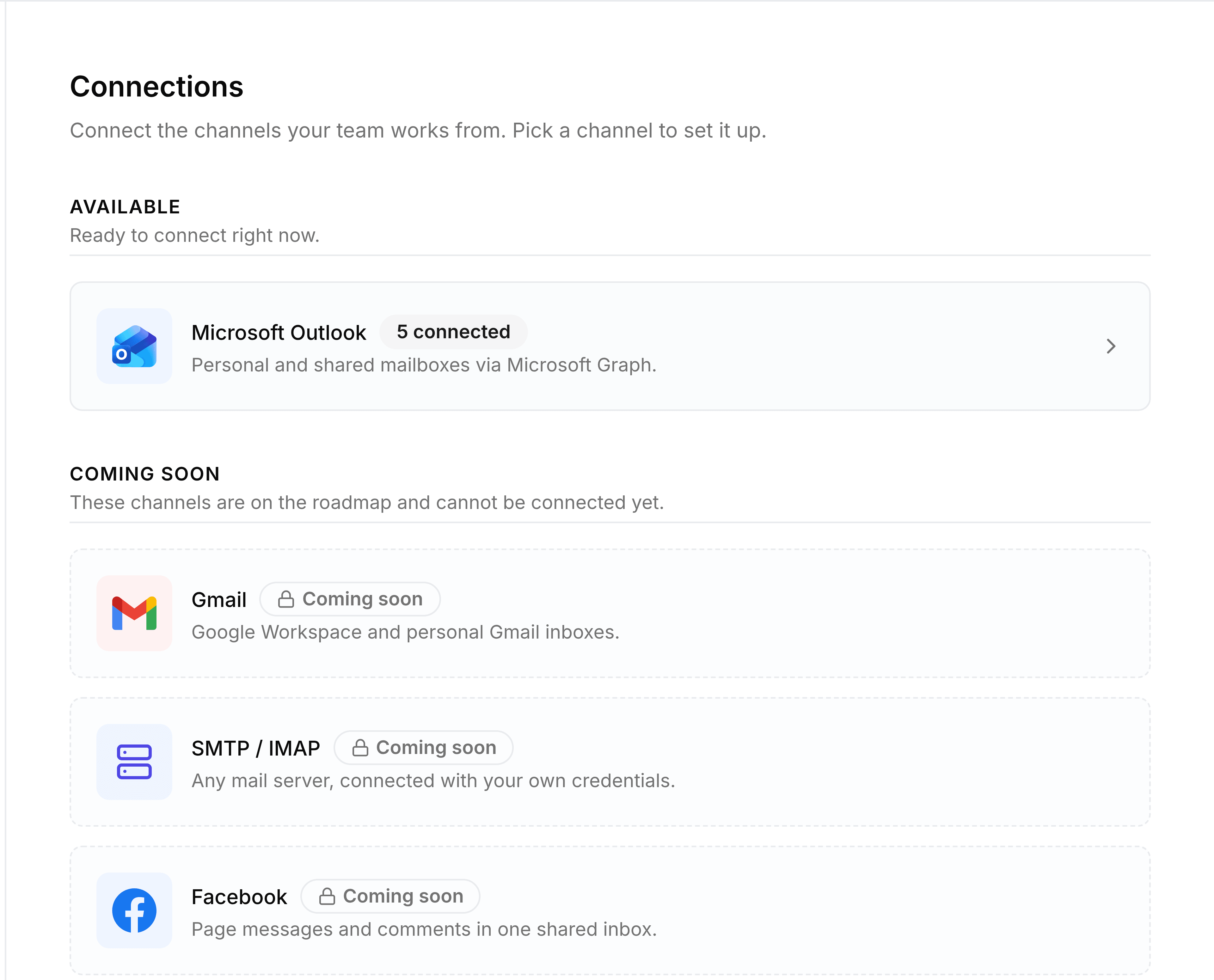The Connections screen in TeamEmail Settings, headed with the instruction to connect the channels your team works from and pick a channel to set it up, listing the available providers to connect.