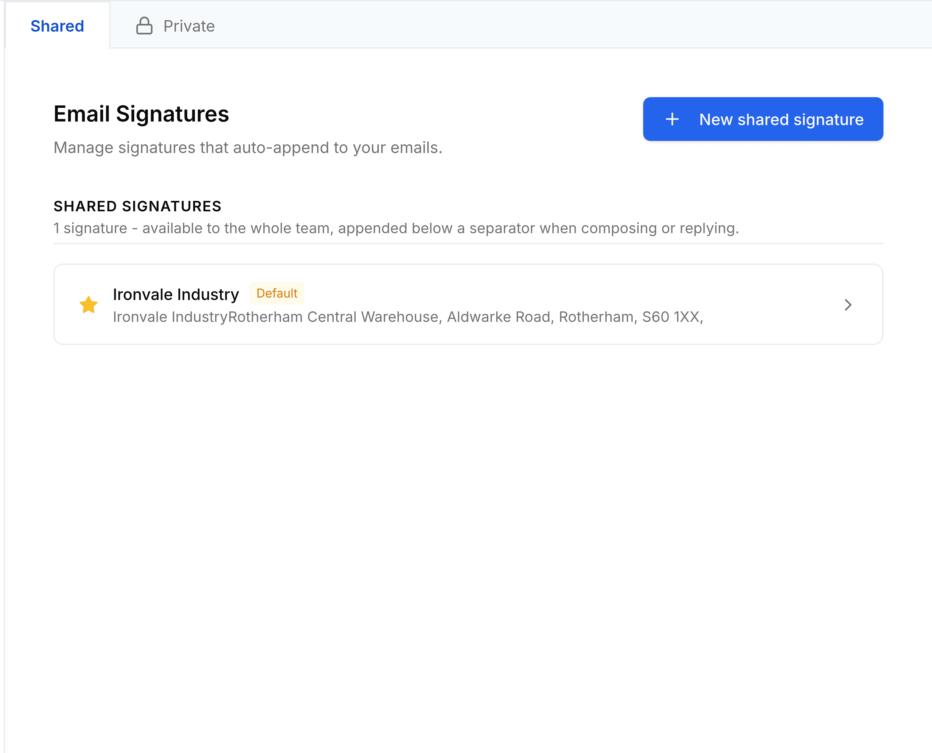 The Signatures screen in TeamEmail Settings, headed Email Signatures and described as managing signatures that auto-append to your emails, with the Shared and Private tabs above the list.