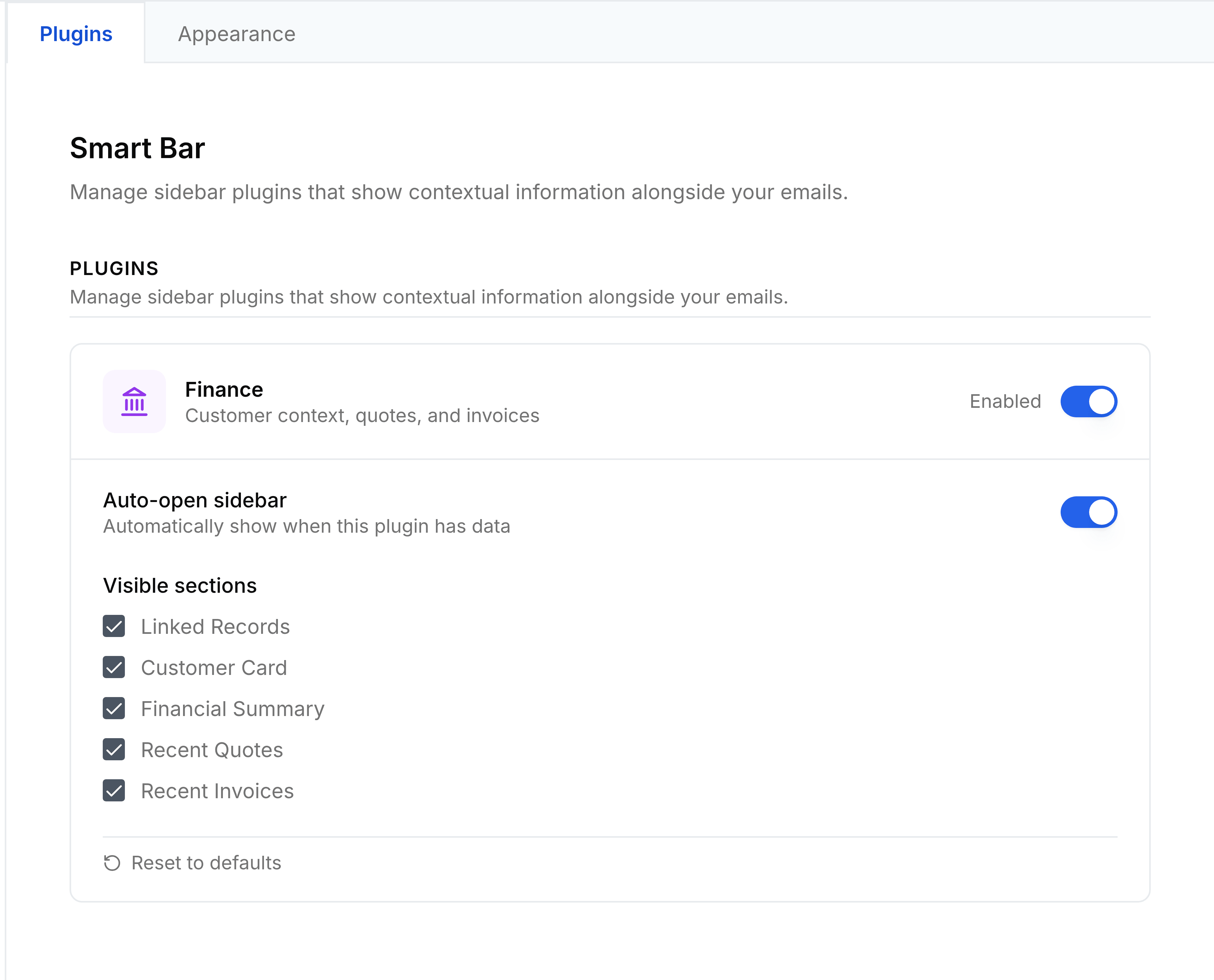 The Smart Bar screen in TeamEmail Settings, open on its Plugins tab beside an Appearance tab, described as managing sidebar plugins that show contextual information alongside your emails. A Finance plugin card, subtitled customer context, quotes and invoices, is switched on. Beneath it, Auto-open sidebar is switched on, and five Visible sections are ticked: Linked Records, Customer Card, Financial Summary, Recent Quotes and Recent Invoices, above a Reset to defaults link.