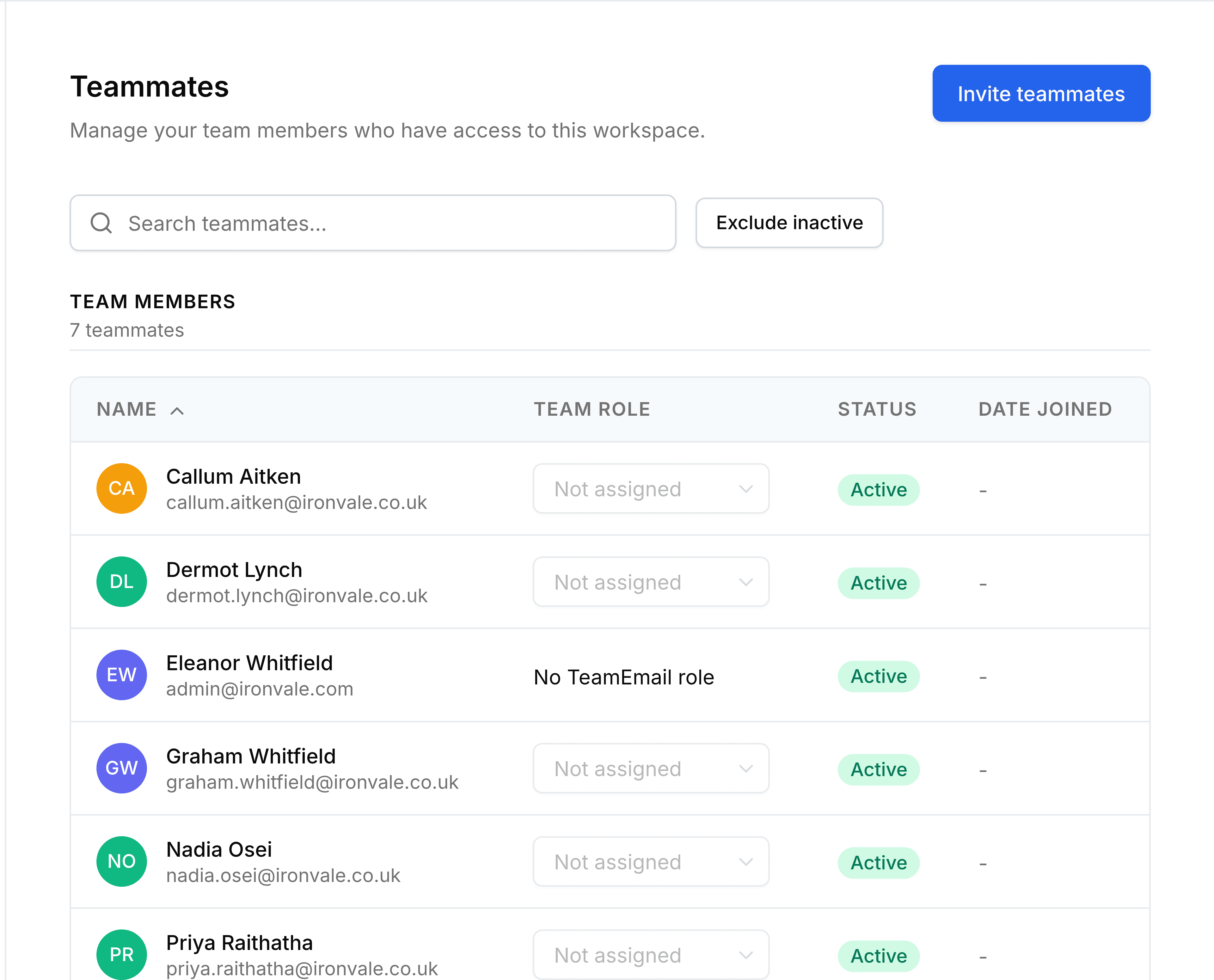 The Teammates screen in TeamEmail Settings, described as managing the team members who have access to this workspace, with the roster of people and their TeamEmail role.