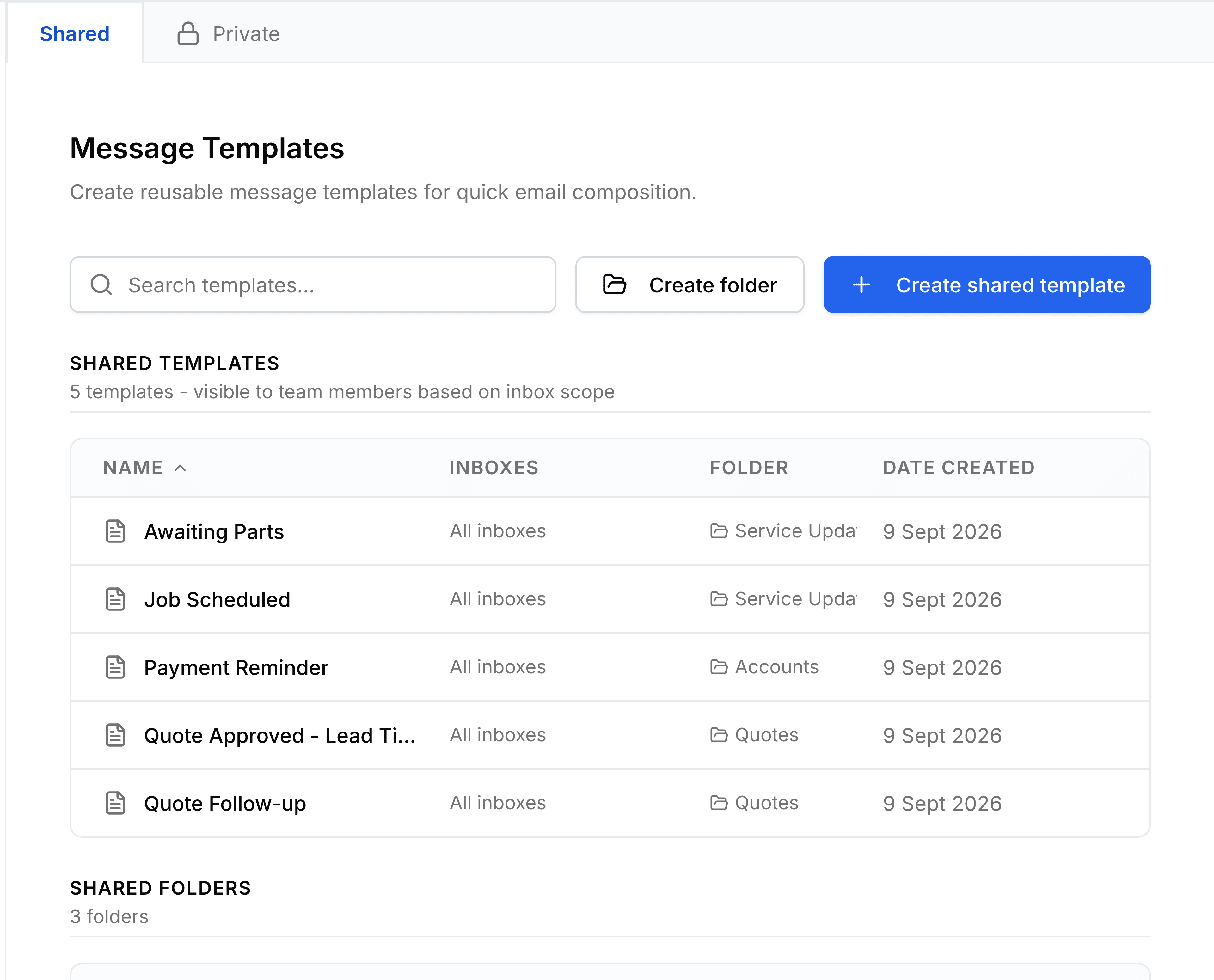 The Templates screen in TeamEmail Settings, headed Message Templates and described as creating reusable message templates for quick email composition, with the Shared and Private tabs above the list.