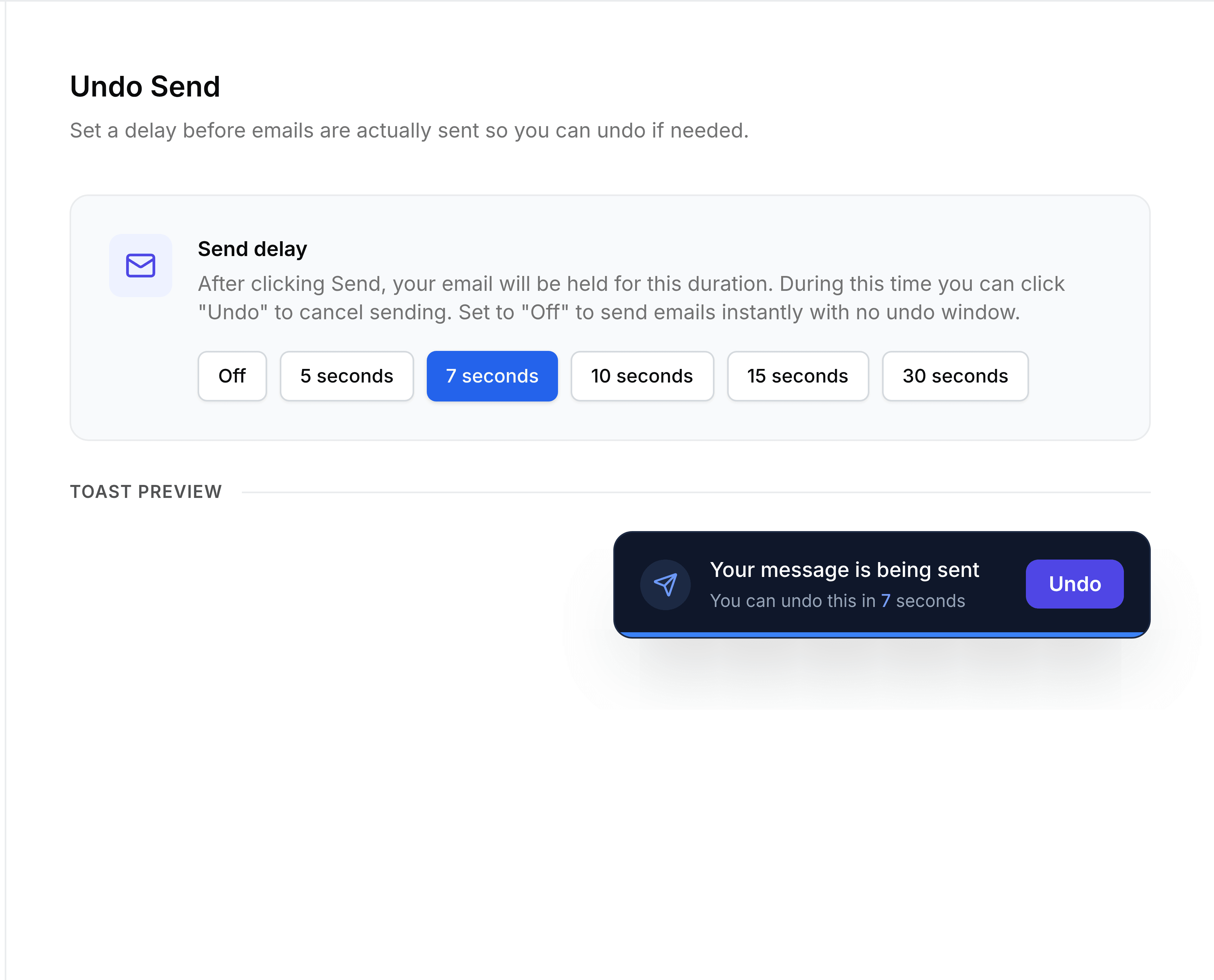 The Undo Send screen in TeamEmail Settings, described as setting a delay before emails are actually sent so you can undo if needed. A card headed Send delay explains that after selecting Send the email is held for the chosen duration, during which Undo cancels it, and that Off sends instantly with no undo window. Six choices sit below it, Off, 5 seconds, 7 seconds, 10 seconds, 15 seconds and 30 seconds, with 7 seconds selected. A Toast Preview section beneath shows the message being sent notification a sender would see.