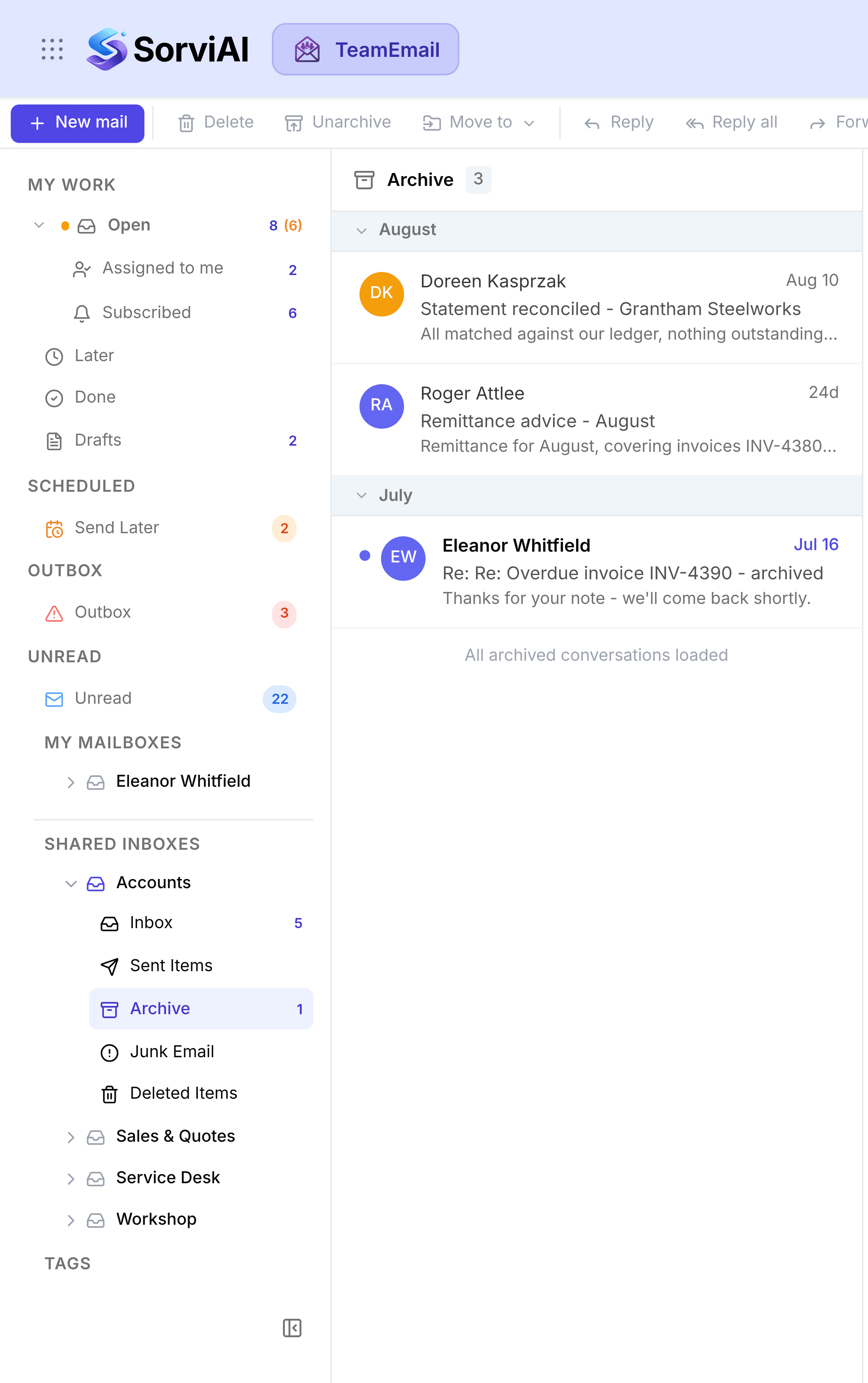 The Accounts shared inbox with Archive selected in the TeamEmail sidebar, listing archived conversations including a reconciled statement from Grantham Steelworks and August remittance advice from Roger Attlee covering invoices INV-4380 onwards.