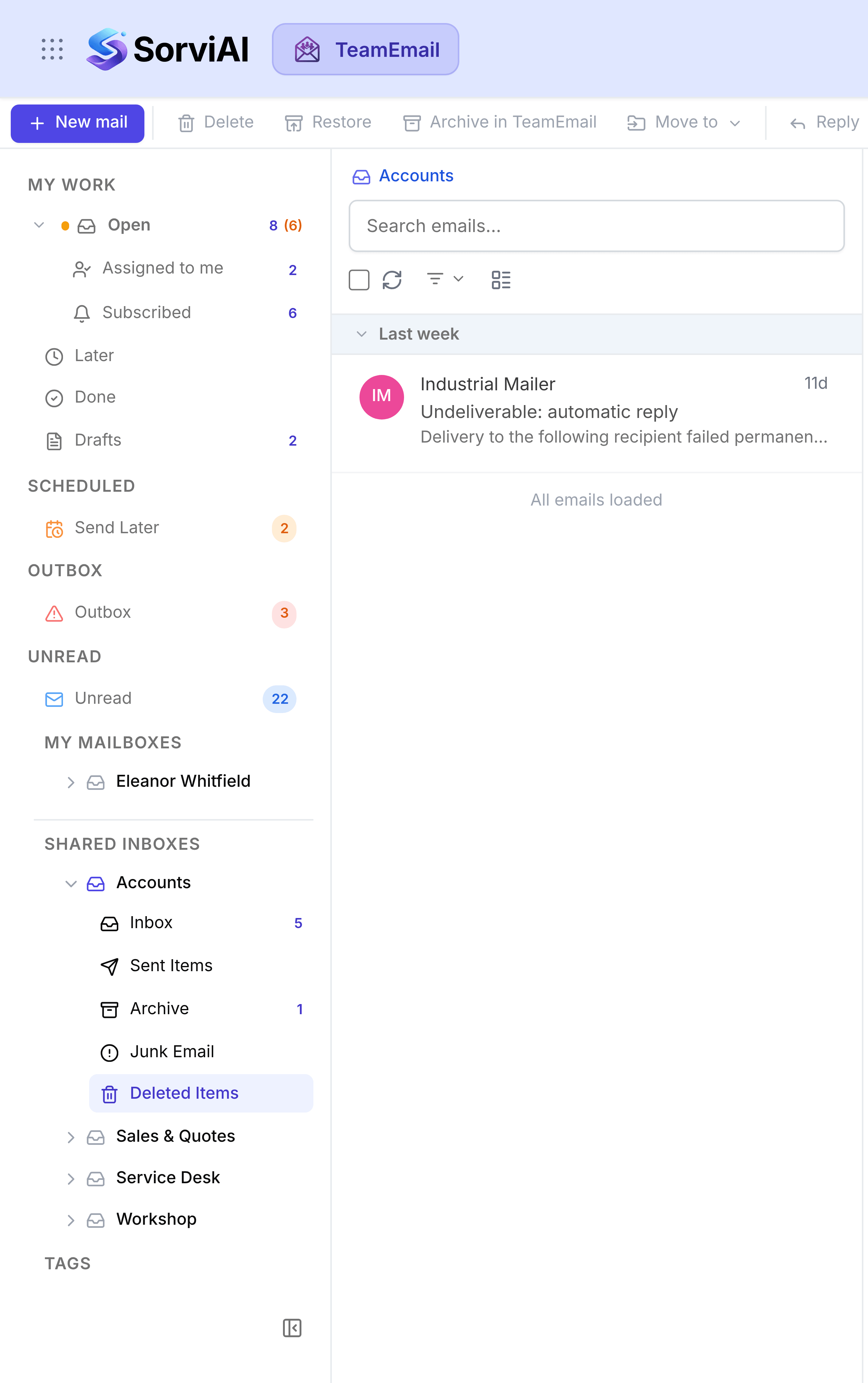 The Accounts shared inbox with Deleted Items selected at the foot of its folder list, holding an undeliverable automatic reply.