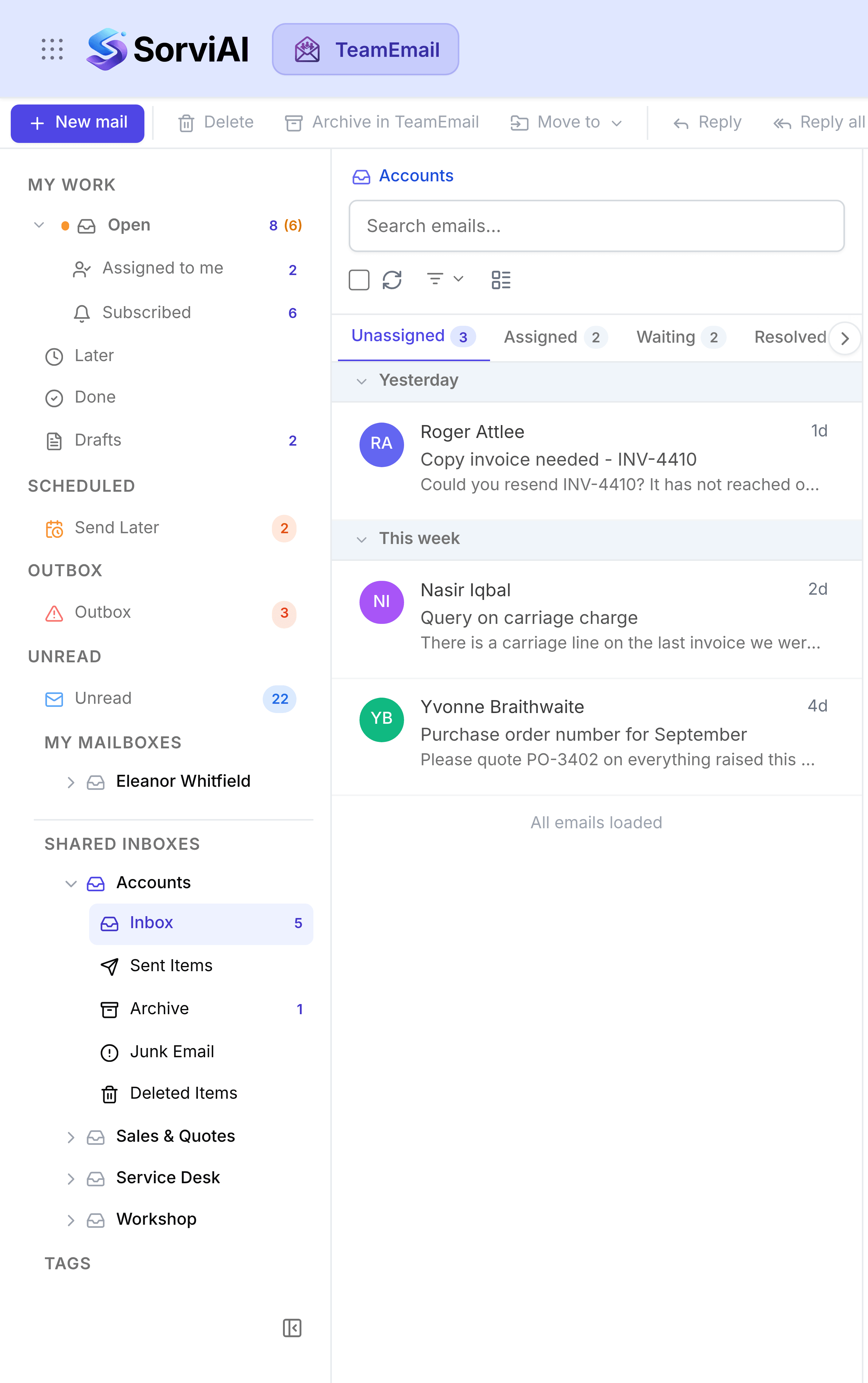 The Accounts shared inbox with its Inbox selected in the TeamEmail sidebar. Above the list sit four tabs, Unassigned showing 3, Assigned showing 2, Waiting showing 2 and Resolved showing 1. The Unassigned tab is open, listing a request from Roger Attlee for a copy of invoice INV-4410 and other threads nobody has picked up yet.