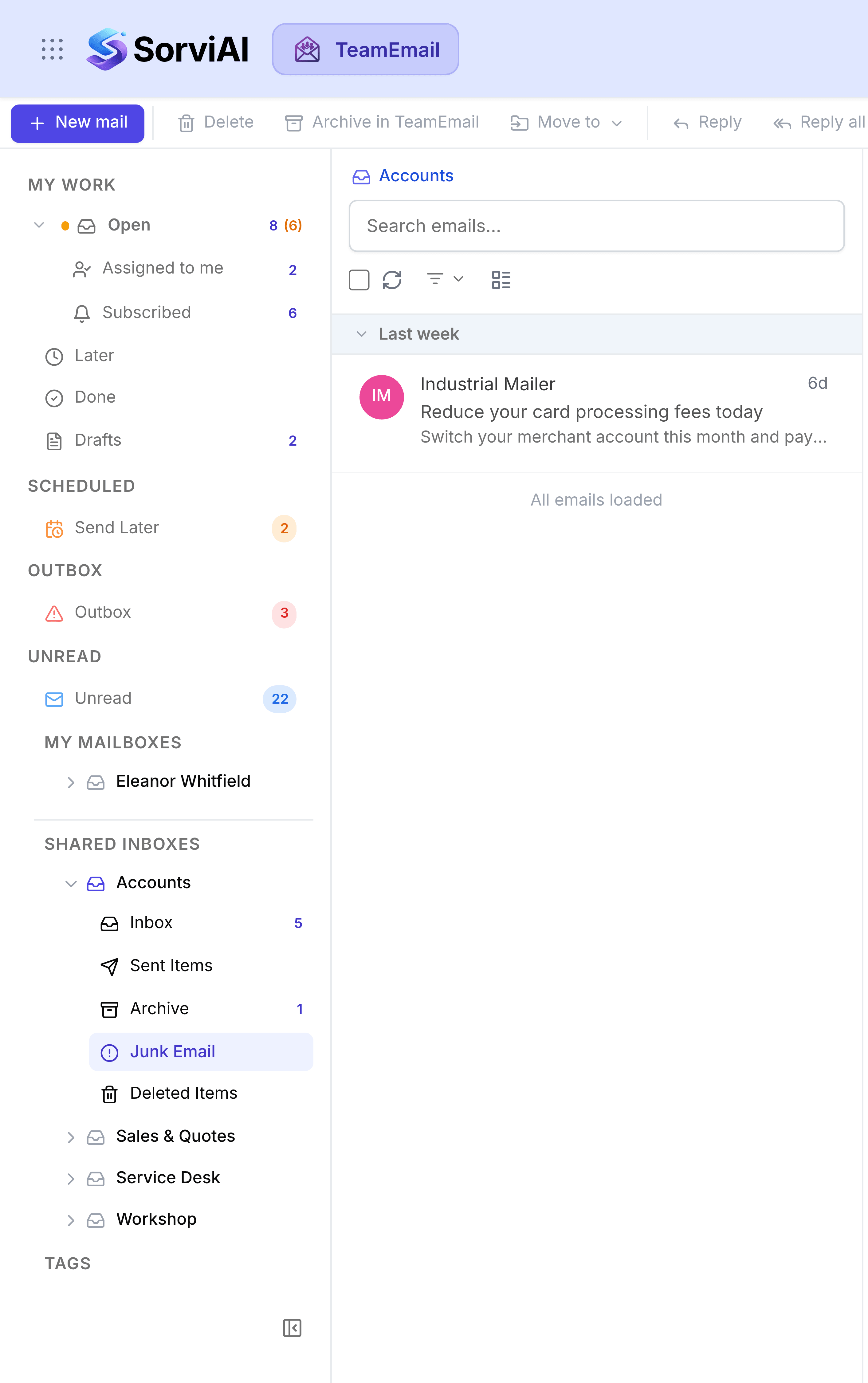 The Accounts shared inbox with Junk Email selected, listing a flagged marketing message offering reduced card processing fees.