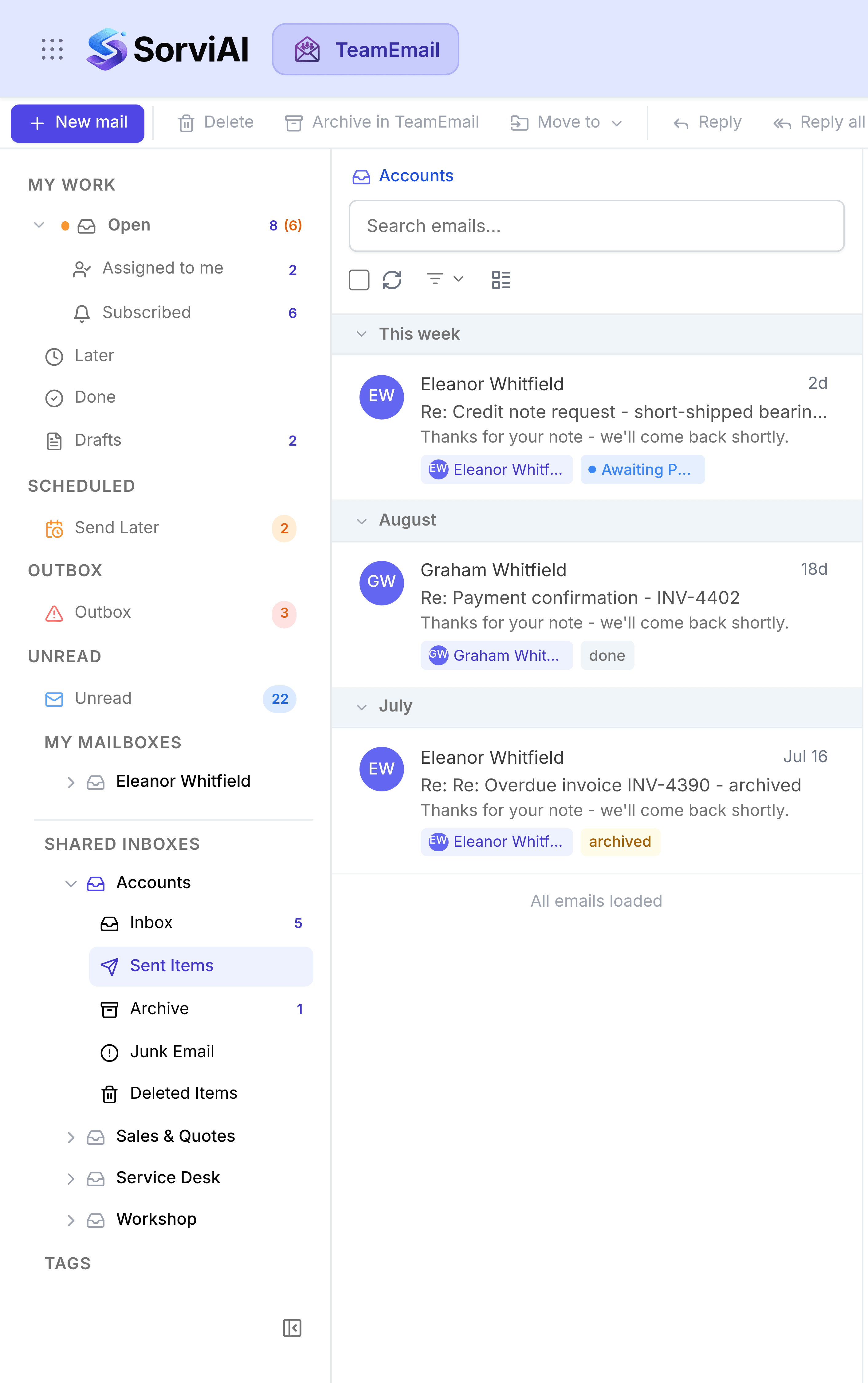The Accounts shared inbox with Sent Items selected, listing replies sent from the address by different people: a credit note reply from Eleanor Whitfield and a payment confirmation for INV-4402 from Graham Whitfield.
