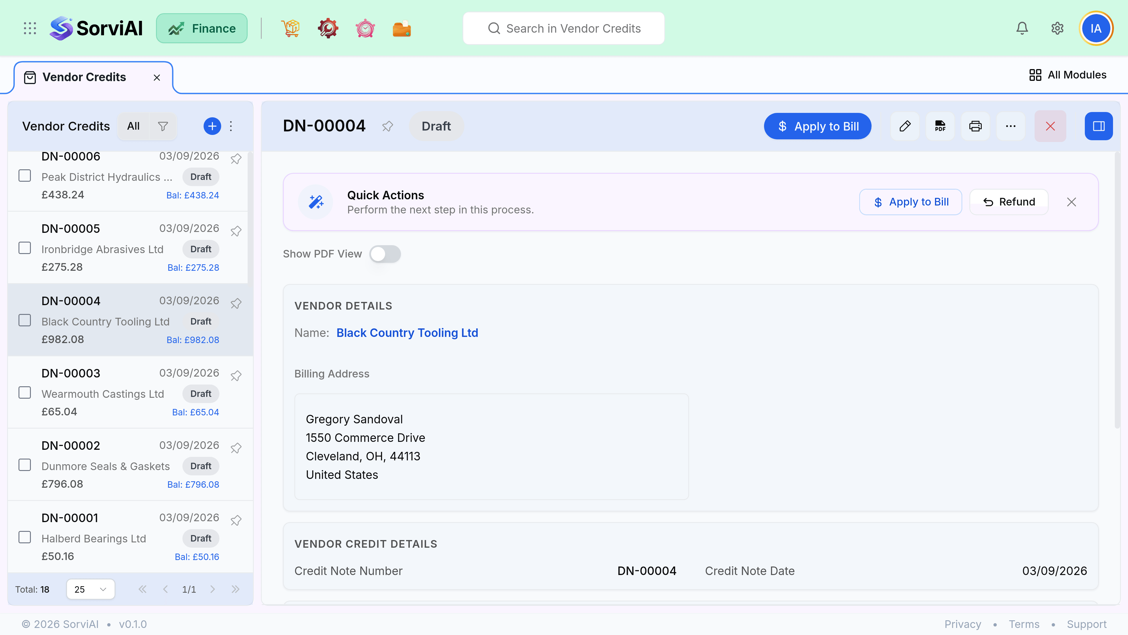 An open vendor credit, DN-00004, showing the vendor it came from, the credited lines, its status and the balance still available to use.