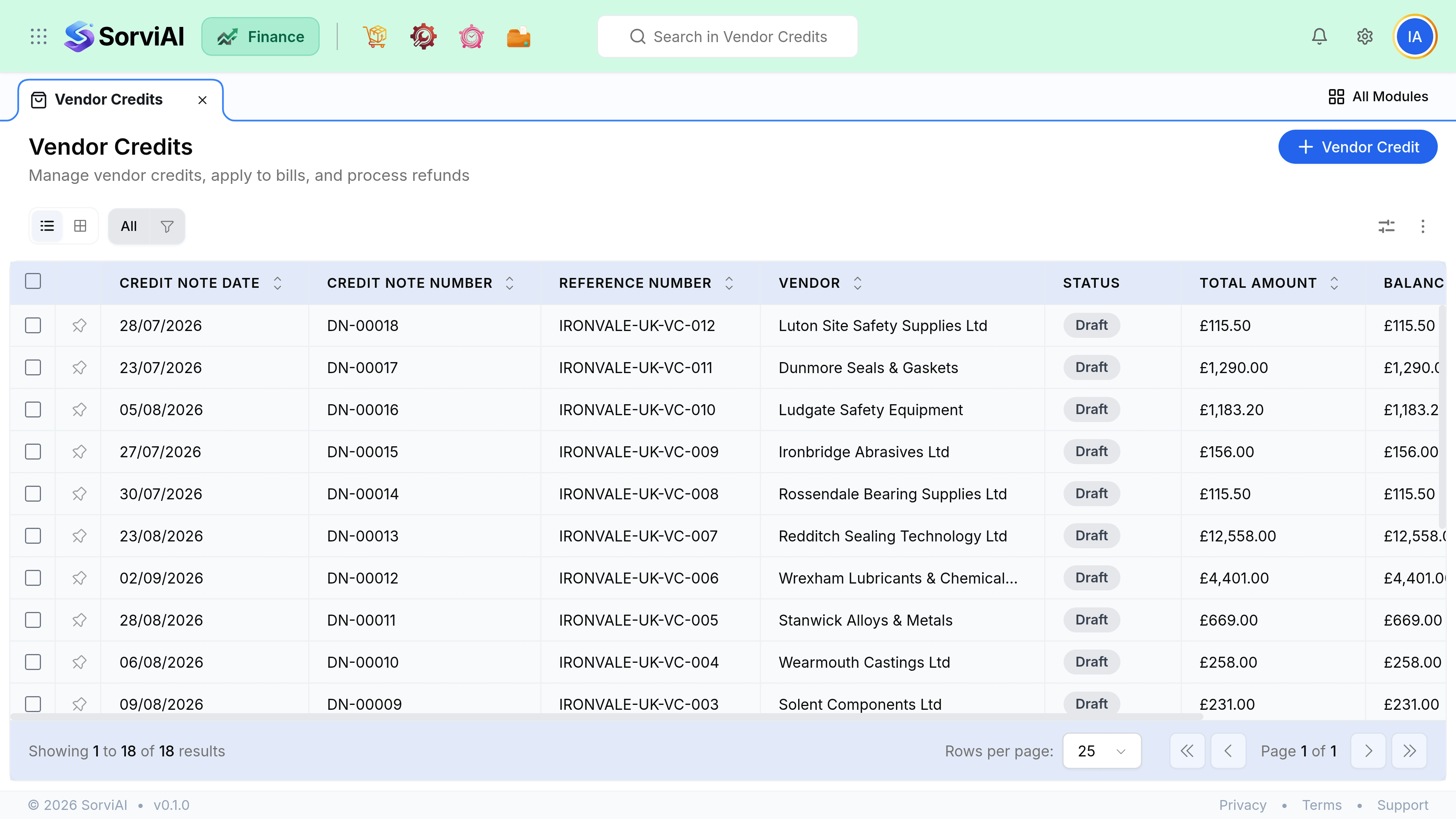 The Vendor Credits table with Amount and Balance side by side. On the first row both read 982.08, which is how a credit that has not been applied to anything appears.