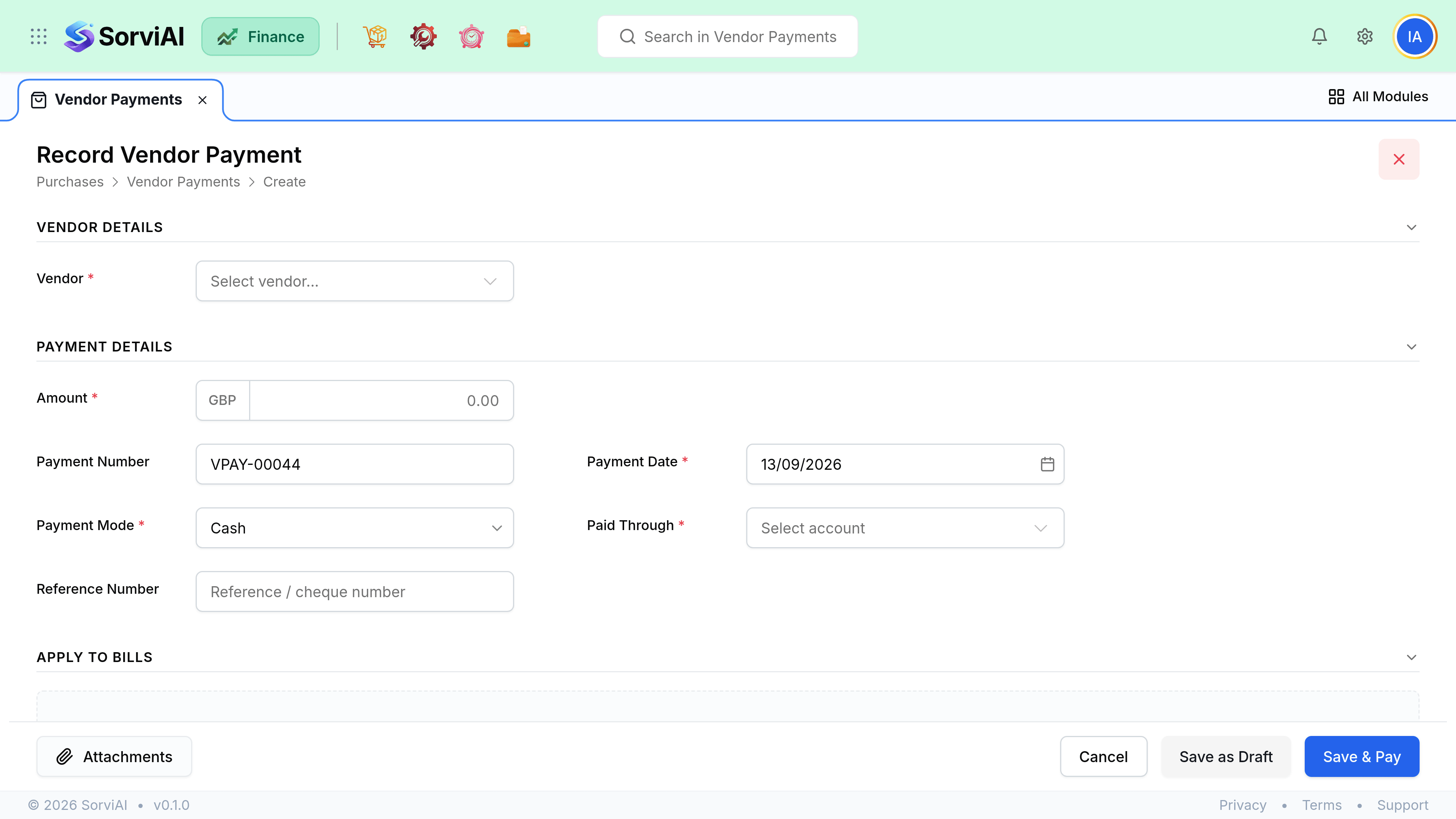 The Record Vendor Payment screen. Vendor Details holds a required vendor picker. Payment Details holds a required GBP payment amount, a pre-filled VPAY-00044 number, a required payment date, a Payment Mode set to Cash, a required Paid Through account and a reference or cheque number. An Apply To Bills section sits below it. Cancel, Save as Draft and Save and Pay sit at the foot.