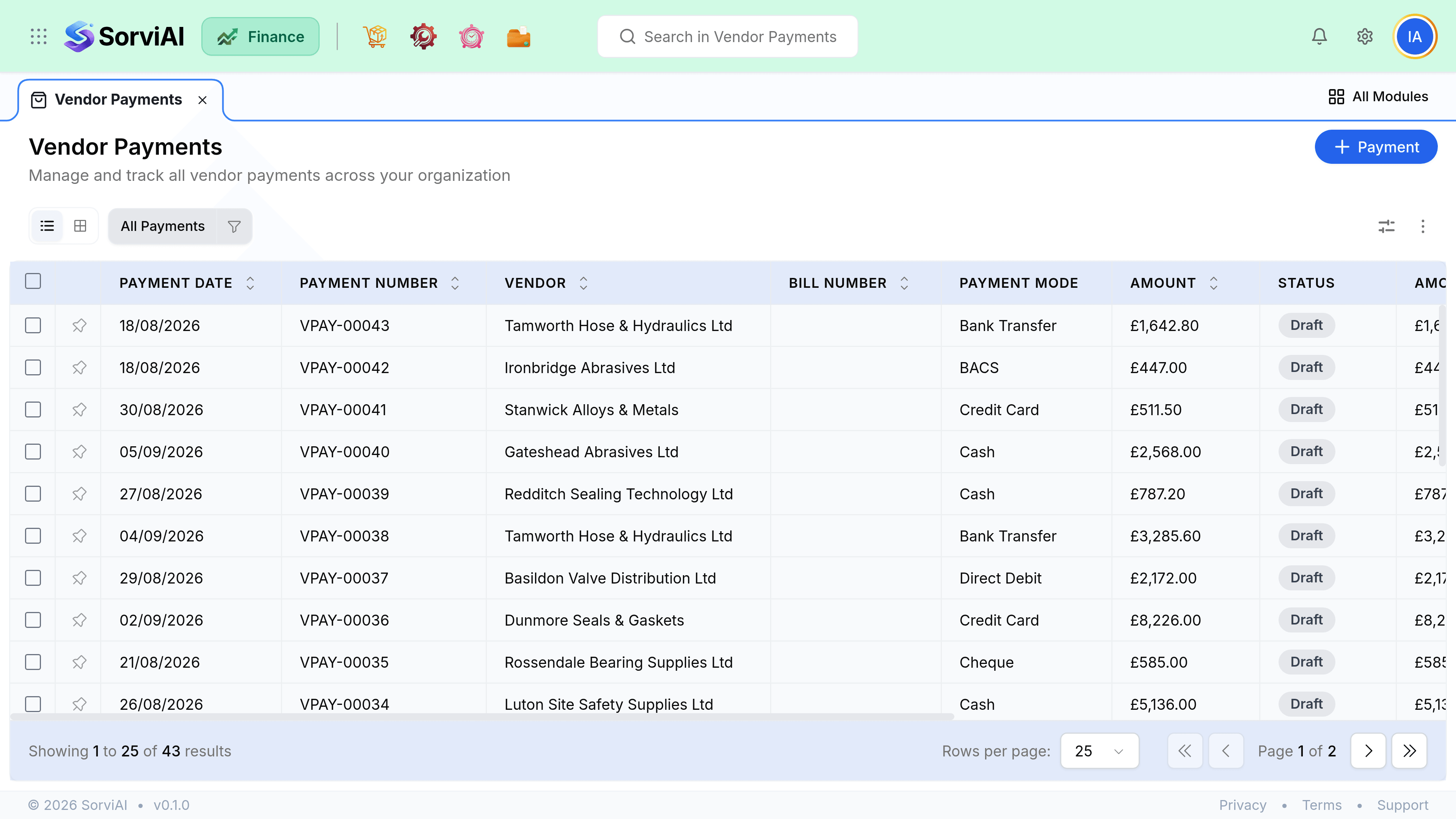 The Vendor Payments table with columns for Payment Date, Payment Number, Vendor, Bill Number, Payment Mode, Amount and Status, and Amount Allocated and Unused Amount running on beyond the right edge. Payment modes read Bank Transfer, BACS, Credit Card, Cash, Direct Debit and Cheque.