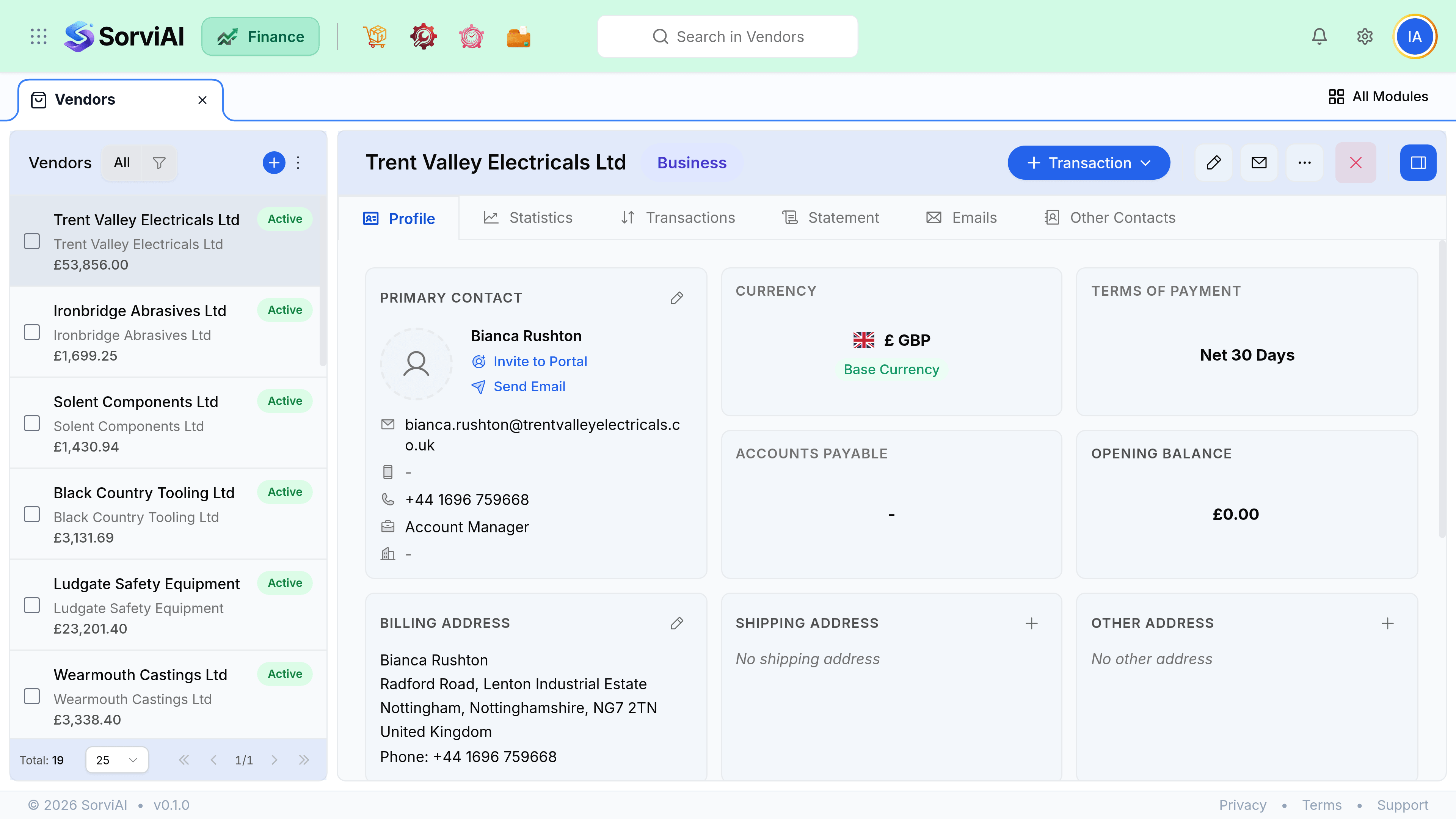 A saved vendor, Trent Valley Electricals Ltd, marked Business. Tabs run across the record for Profile, Statistics, Transactions, Statement, Emails and Other Contacts. The Profile tab shows a Primary Contact card naming Bianca Rushton with her email, work phone and job title of Account Manager, and below it Billing Address filled in against an empty Shipping Address reading No shipping address.