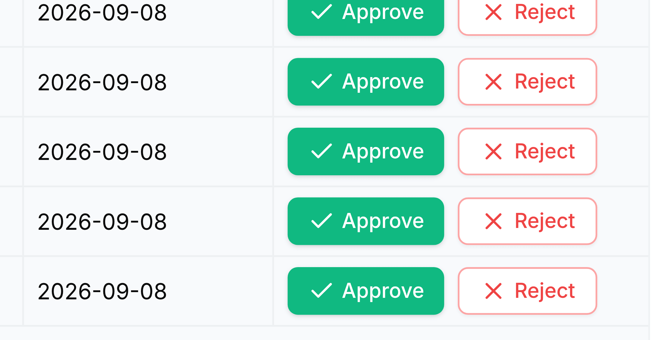 The Actions column of the Leave Approvals table, showing five pairs of buttons. Each pair is a solid green Approve button with a tick and an outlined red Reject button with a cross.