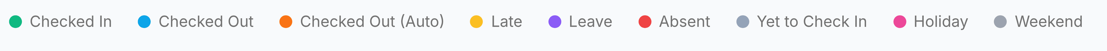 The calendar legend: nine coloured dots with labels reading Checked In in green, Checked Out in blue, Checked Out (Auto) in orange, Late in amber, Leave in purple, Absent in red, Yet to Check In in grey, Holiday in pink and Weekend in a darker grey.
