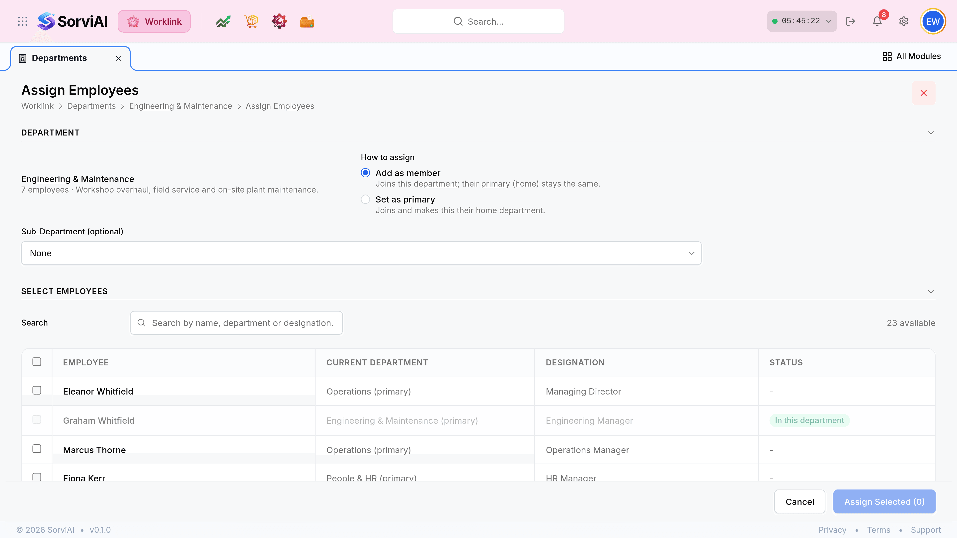 The Assign Employees screen for Engineering and Maintenance, with the breadcrumb Worklink, Departments, Engineering and Maintenance, Assign Employees. A Department section names the department and its seven employees beside a How to assign control offering Add as member or Set as primary. A Sub-Department dropdown reads None. A Select Employees section holds a search box, the text 23 available, and a table of employees with their current departments and designations. Cancel and Assign Selected buttons sit at the foot.