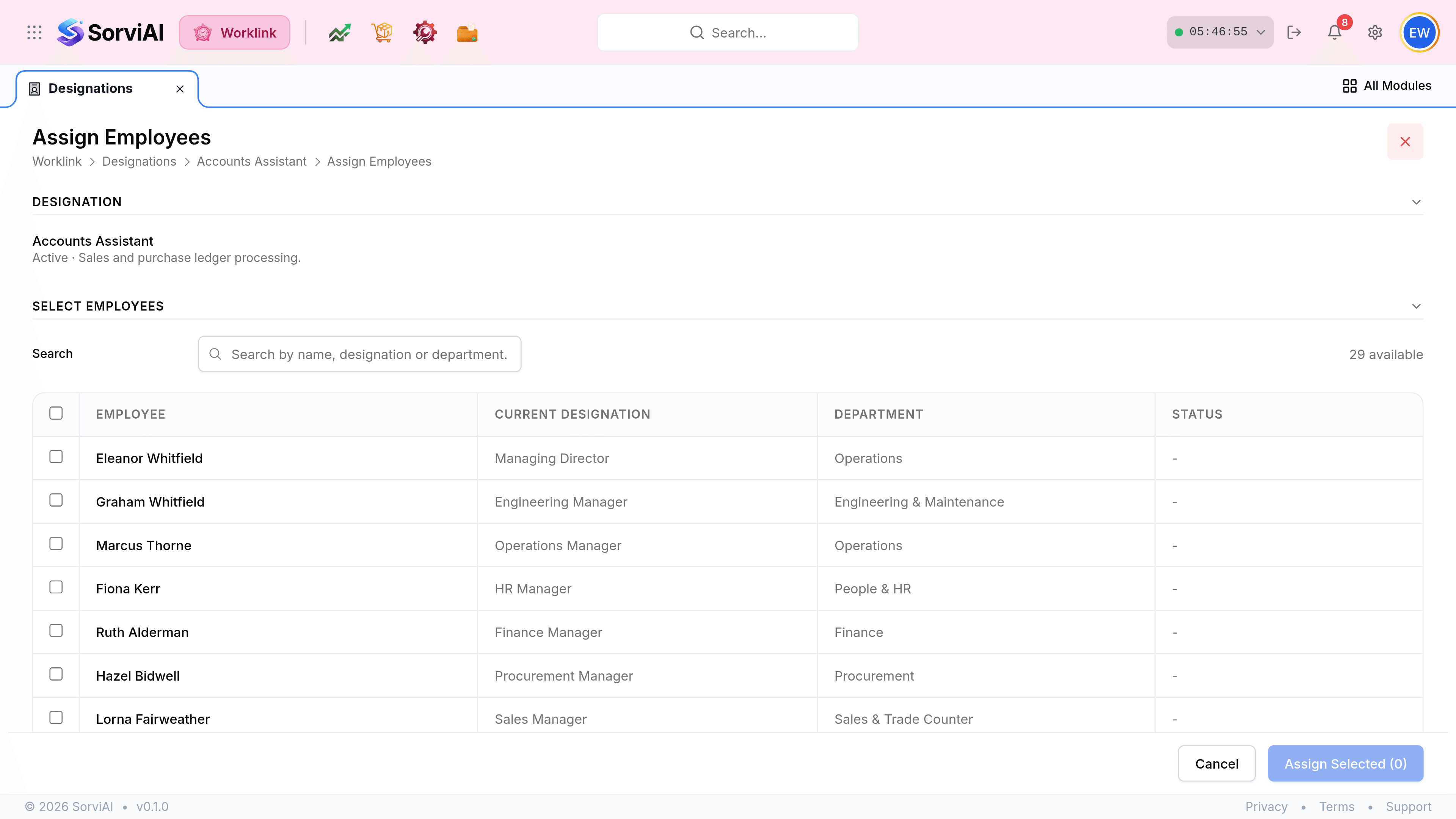 The Assign Employees form for a designation, with the breadcrumb Worklink, Designations, Accounts Assistant, Assign Employees. A Designation section names Accounts Assistant and reads Active, Sales and purchase ledger processing. A Select Employees section has a search box reading Search by name, designation or department, with 29 available at the right, above a table with columns Employee, Current Designation, Department and Status. Cancel and Assign Selected buttons sit at the foot.