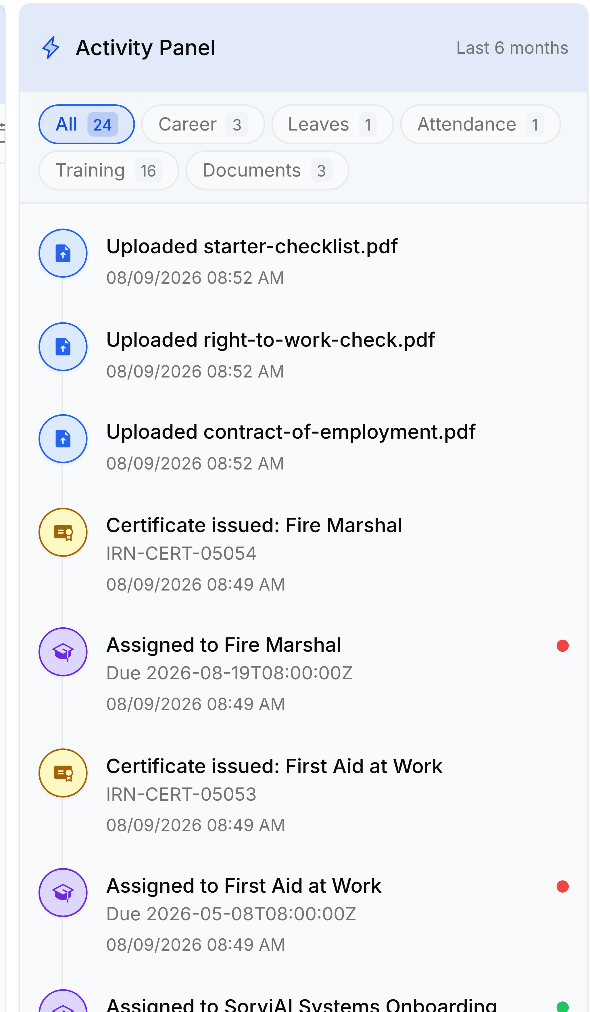 The Activity Panel on an employee record, headed Activity Panel with Last 6 months at the right. Filter chips read All 24, Career 3, Leaves 1, Attendance 1, Training 17 and Documents 3. The feed below lists uploaded documents, a certificate issued for Fire Marshal, and several training assignments with their due dates and timestamps.