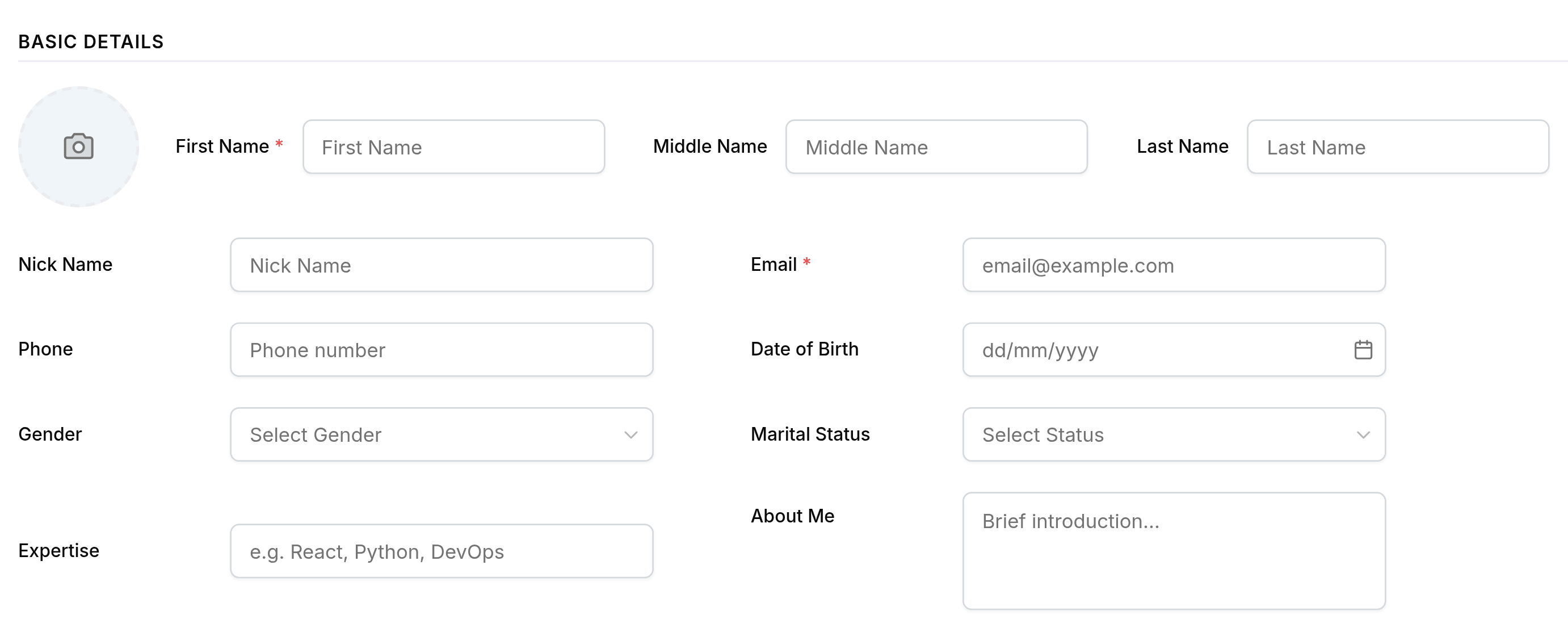 The Basic Details section of the Create Employee form. Under the Basic Details heading, an avatar upload circle with a camera icon sits beside First Name, marked with a red asterisk, Middle Name and Last Name on one row. Below them are Nick Name, Phone, Gender and Expertise on the left, and an Email field marked required, Date of Birth, Marital Status and About Me on the right.