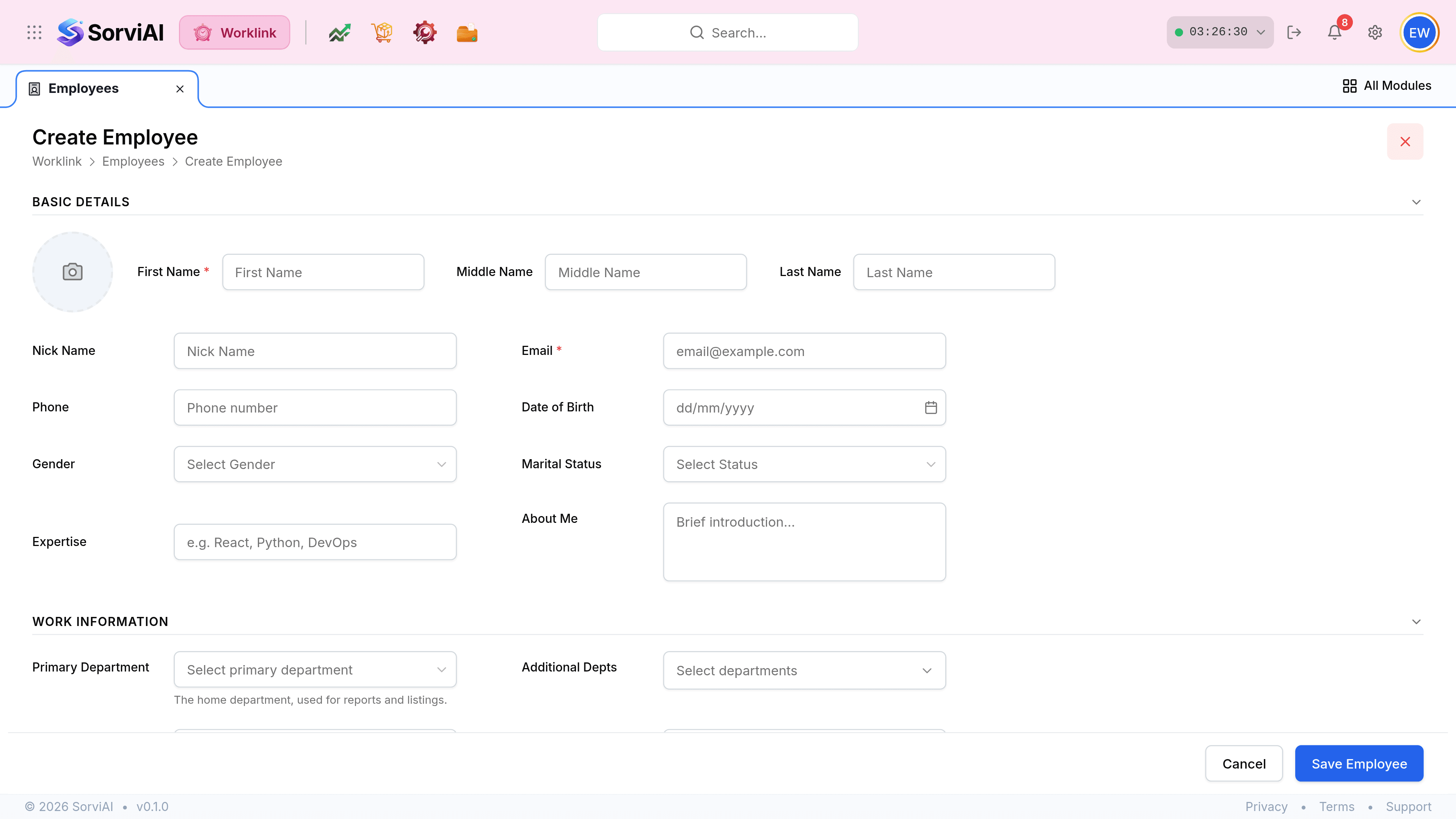 The Create Employee form, with the breadcrumb Worklink, Employees, Create Employee. A Basic Details section holds an avatar upload circle beside First Name marked required, Middle Name, Last Name, Nick Name, Email marked required, Phone, Date of Birth, Gender, Marital Status, Expertise and About Me. A Work Information section below holds Primary Department, Additional Depts, Primary Sub-dept and Additional Sub-depts. Cancel and Save Employee buttons sit at the foot.