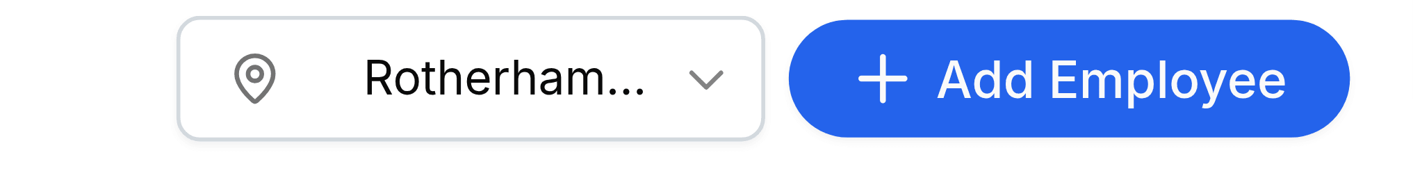 The top right of the Employees screen: a location picker showing a pin icon and the word Rotherham, beside a blue Add Employee button with a plus sign.
