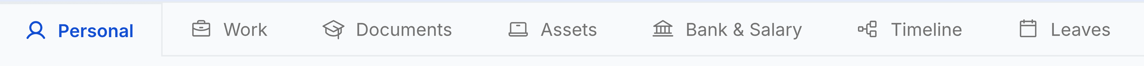 The tab row on an employee record: Personal selected in blue, then Work, Documents, Assets, Bank and Salary, Timeline and Leaves, each with a small icon.