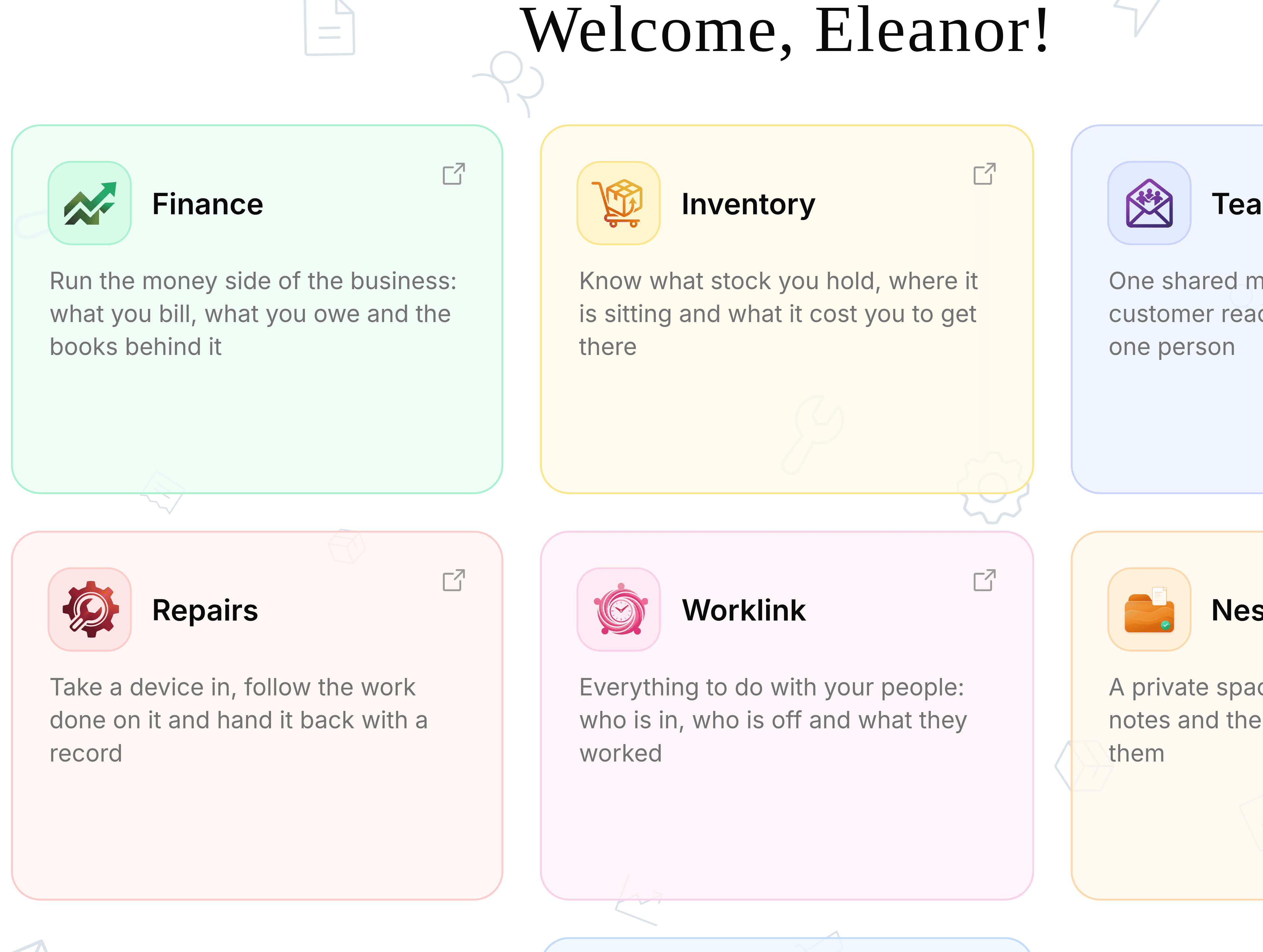 The SorviAI App Center, headed Welcome, Eleanor. Seven pastel tiles are laid out three to a row over a pale background of faint line drawings: Finance, Inventory, TeamEmail on the first row, Repairs, Worklink and Nest on the second, and Storefront on the third. Each tile carries a coloured icon, the app's name, a one line description of what it is for, and a small open in new tab icon in its top right corner.