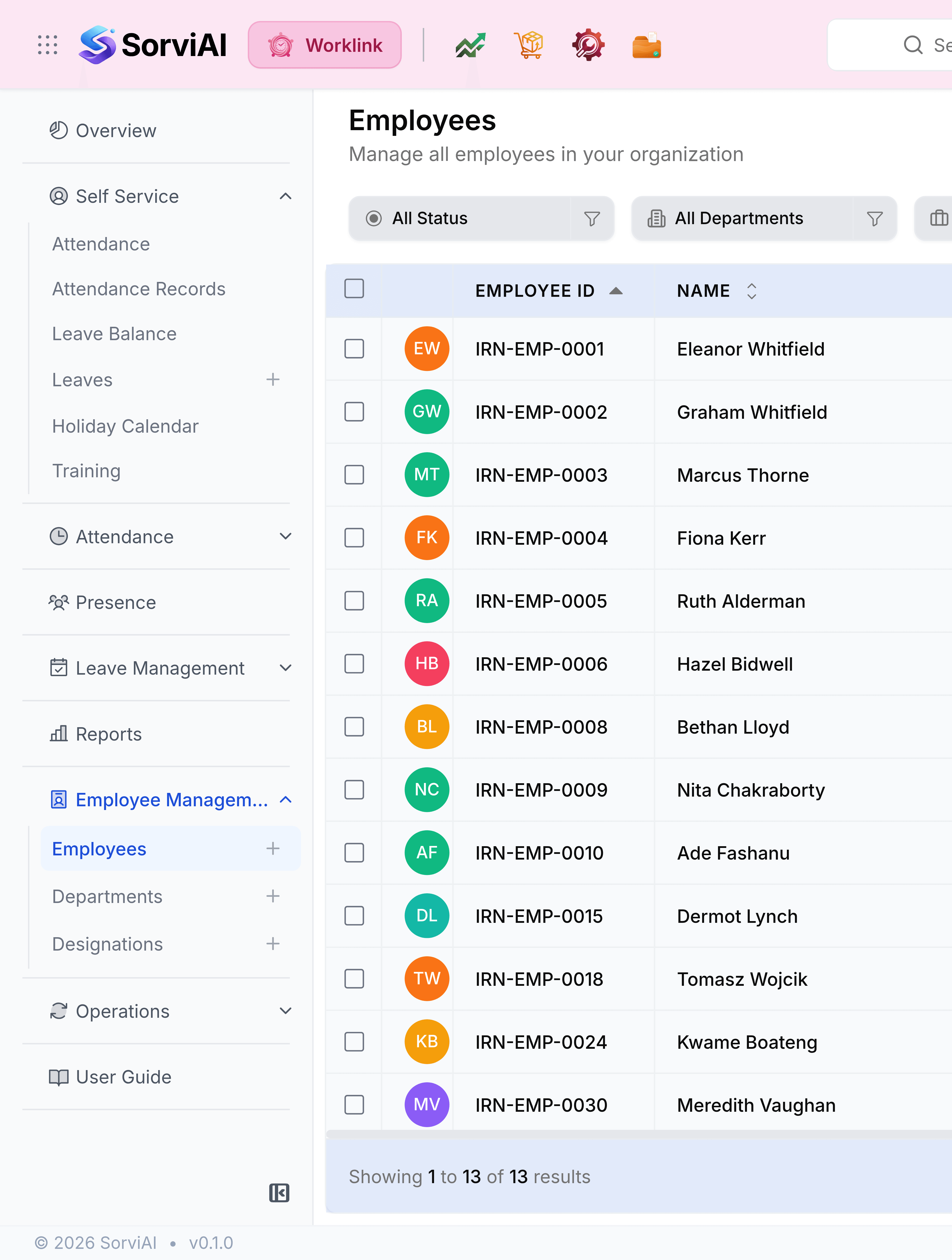 The same Employees screen in the Classic layout. The tab bar and the All Modules button are gone, and a left sidebar takes their place, listing Overview, then Self Service expanded to Attendance, Attendance Records, Leave Balance, Leaves, Holiday Calendar and Training, then Attendance, Presence, Leave Management, Reports, Employee Management expanded to Employees, Departments and Designations, then Operations and User Guide.