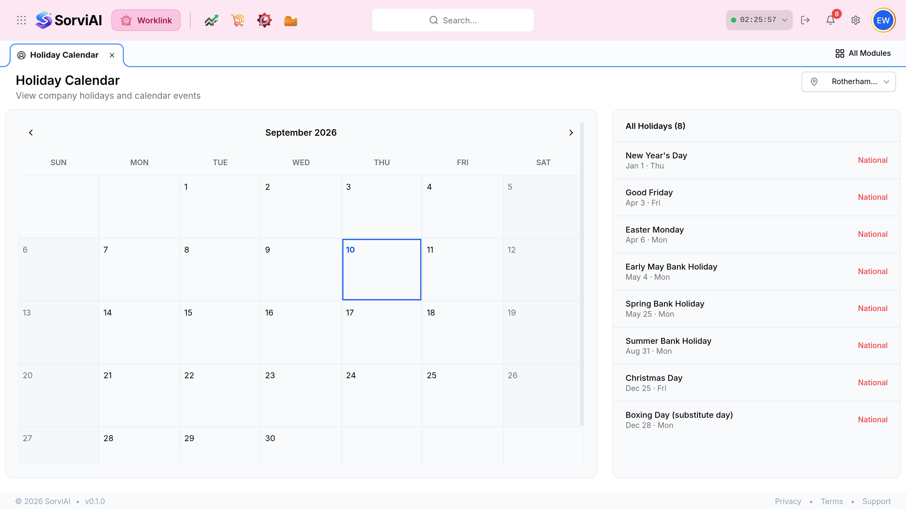 The Holiday Calendar screen, headed Holiday Calendar above the line View company holidays and calendar events, with a Central Warehouse location picker. A September 2026 month grid fills the left with arrows either side of the month name and a legend below reading Holiday, Weekend and Today. On the right a panel headed All Holidays (8) lists New Year's Day, Good Friday, Easter Monday, Early May Bank Holiday, Spring Bank Holiday, Summer Bank Holiday, Christmas Day and Boxing Day (substitute day), each with its date, weekday and a red National label.