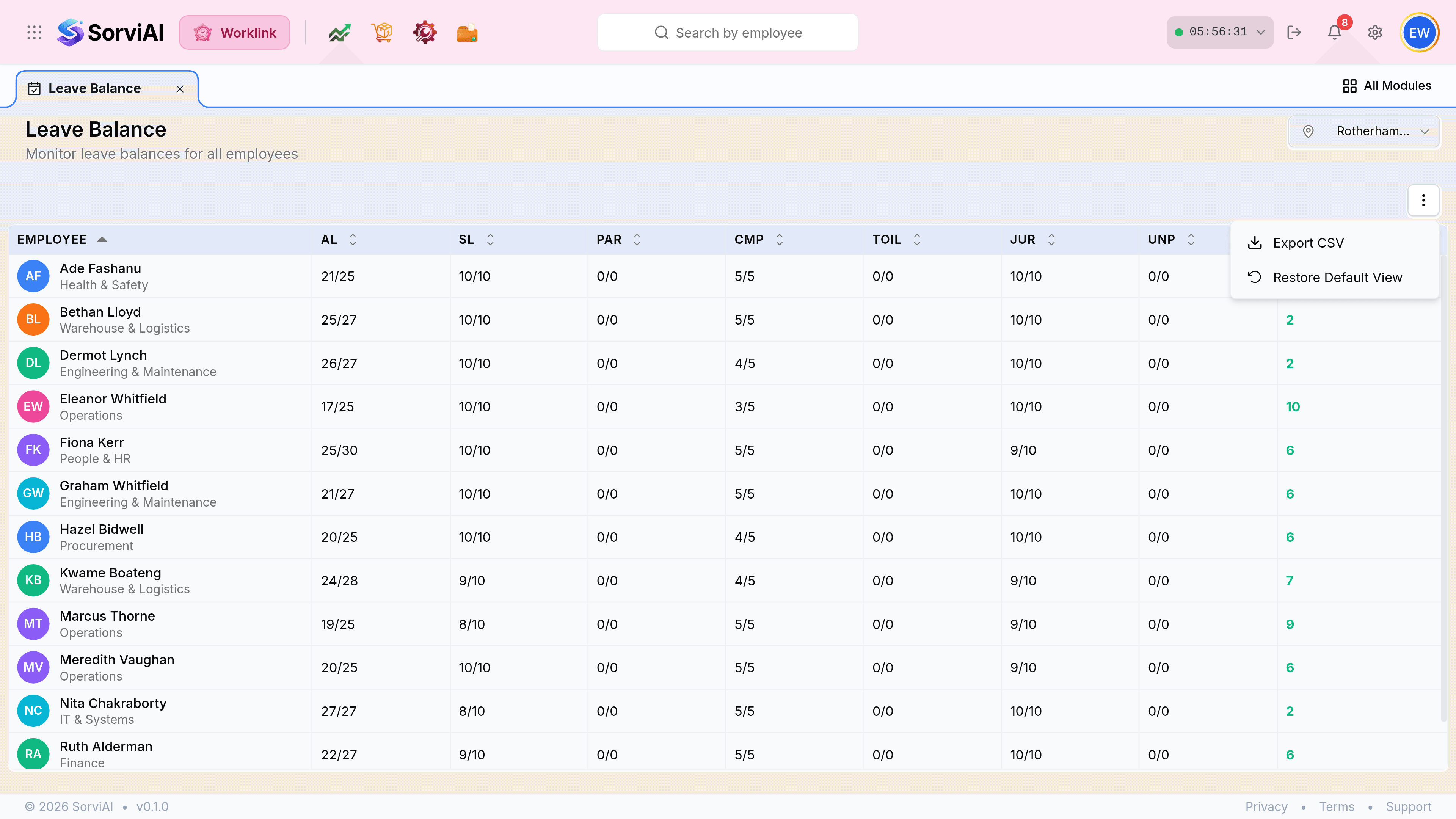 The three-dot menu open at the top right of the Leave Balance screen, listing two items: Export CSV with a download icon, and Restore Default View with a reset icon.