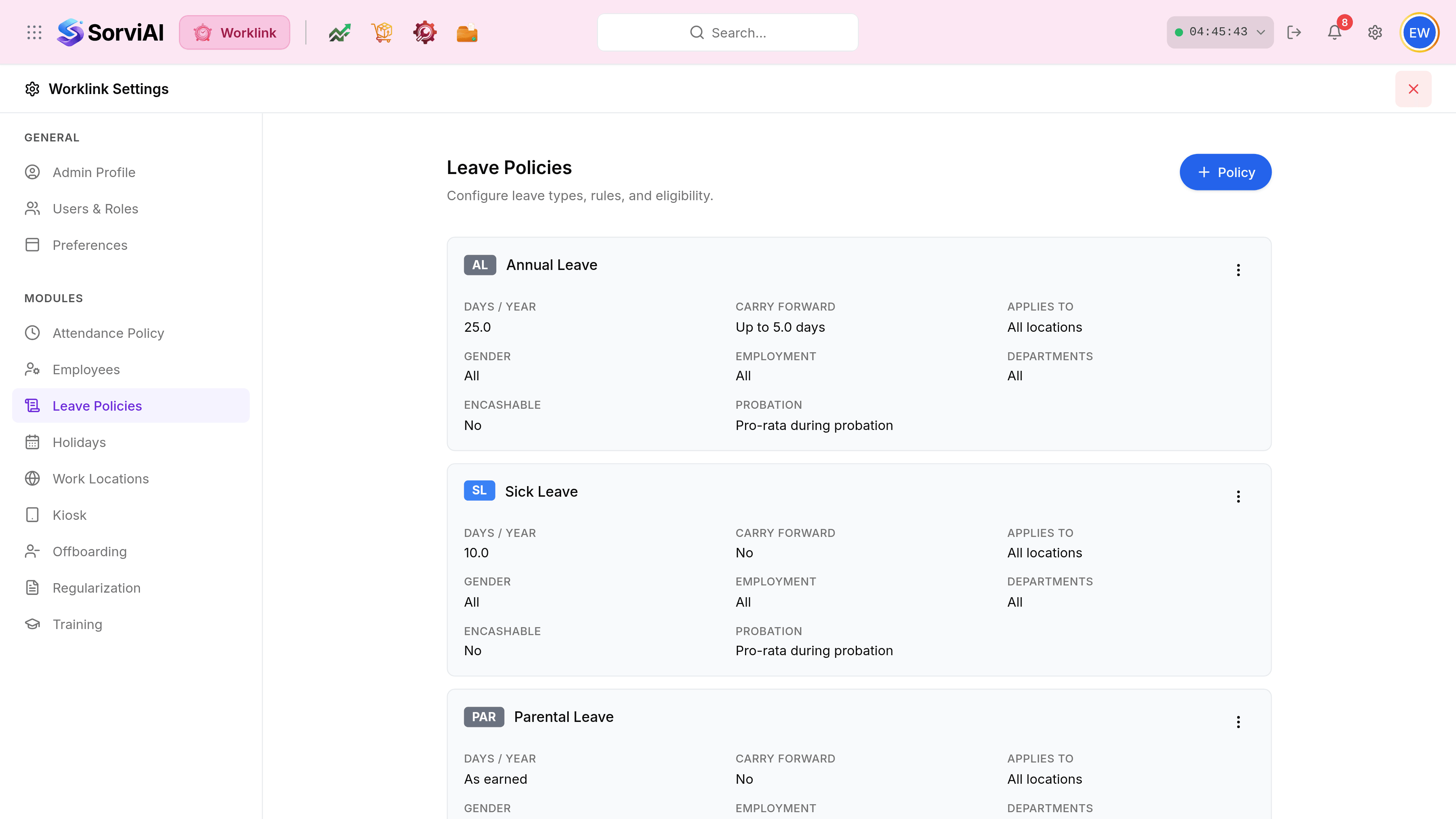 The Worklink Settings panel with Leave Policies selected in the Modules list. The pane is headed Leave Policies above the line Configure leave types, rules, and eligibility, with a blue Policy button carrying a plus sign at the right. Policy cards for Annual Leave, Sick Leave and Parental Leave follow, each showing Days / Year, Carry Forward, Applies To, Gender, Employment, Departments, Encashable and Probation, and each ending in a three-dot menu.