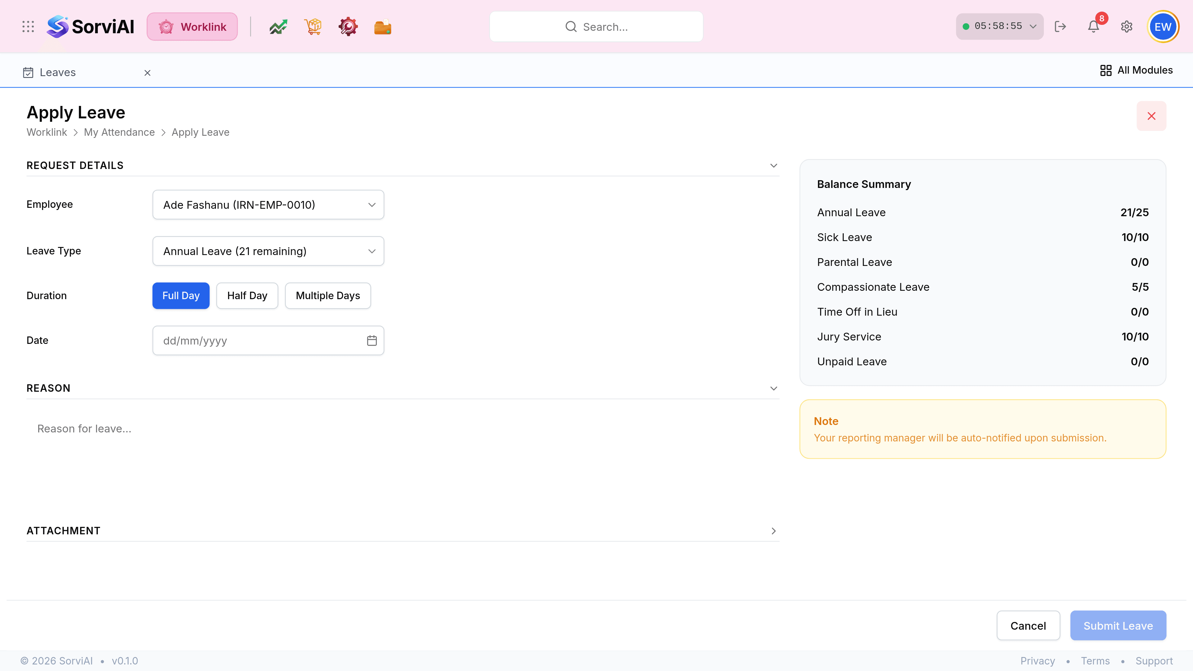 The Apply Leave form opened from the admin Leaves screen. A Request Details section holds an Employee dropdown reading Ade Fashanu (IRN-EMP-0010), a Leave Type dropdown reading Annual Leave (21 remaining), a Duration row of Full Day, Half Day and Multiple Days with Full Day selected, and a Date field. Reason and Attachment sections follow. A Balance Summary card on the right shows Ade's seven leave types, above an orange note reading Your reporting manager will be auto-notified upon submission.